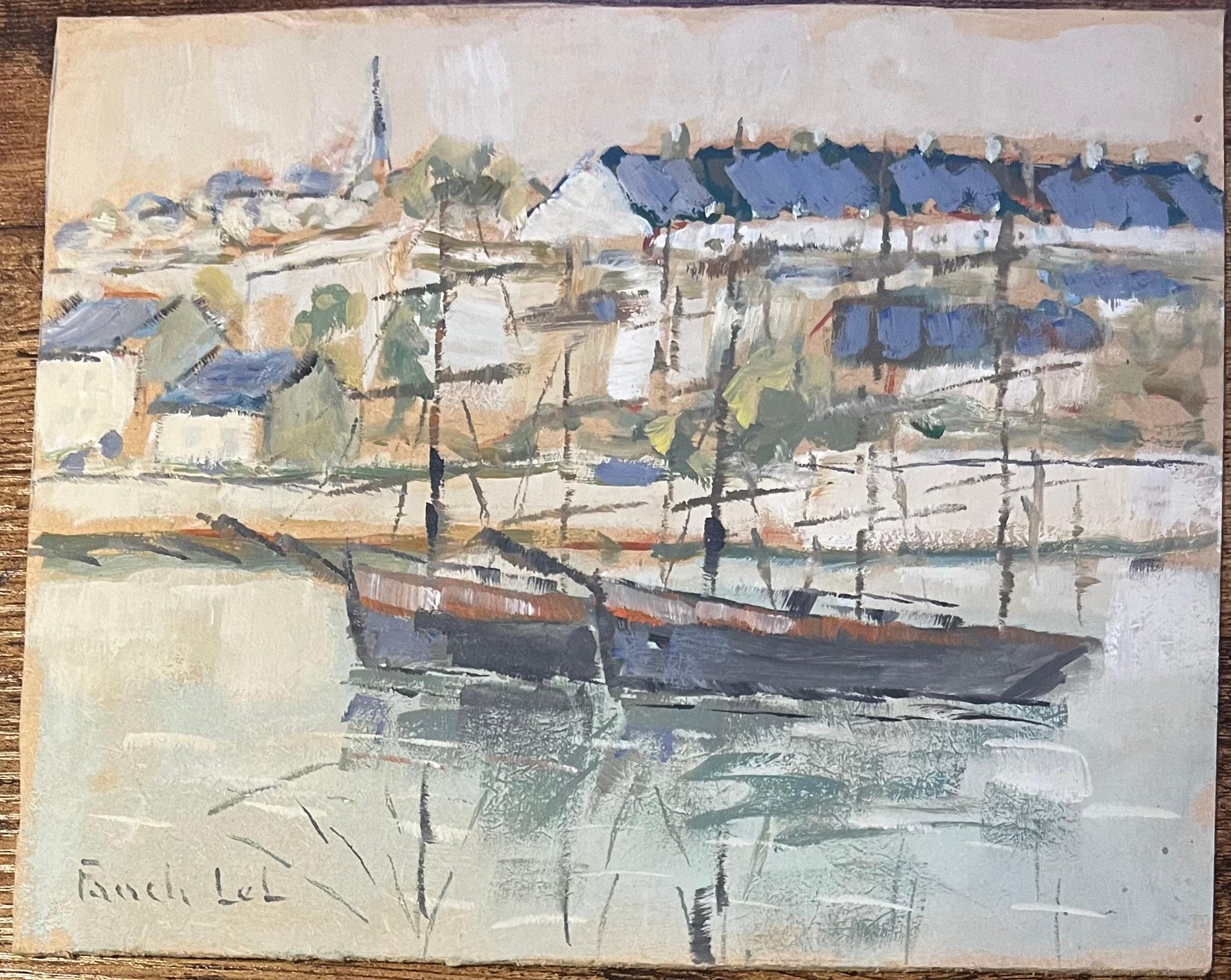 French Impressionist Oil Painting of Tranquil Sailboats Along the Riverside - Gray Figurative Painting by Fanch Lel