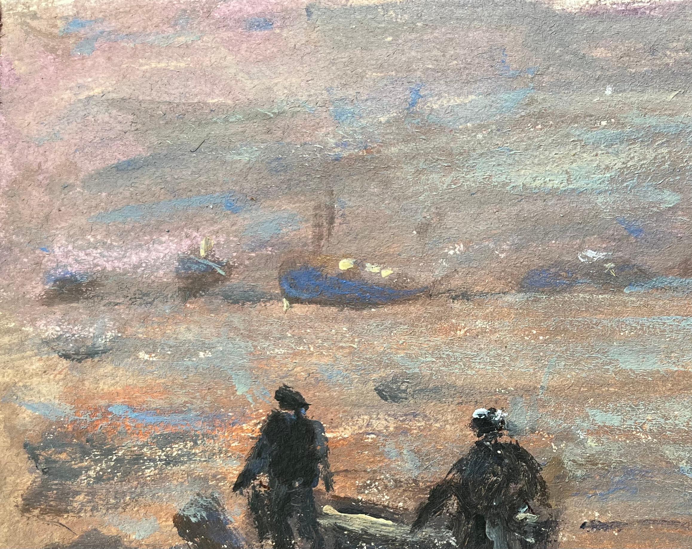 Französisches impressionistisches Ölgemälde von Twilight Gathering at Erquy, im Impressionismus (Braun), Landscape Painting, von Fanch Lel