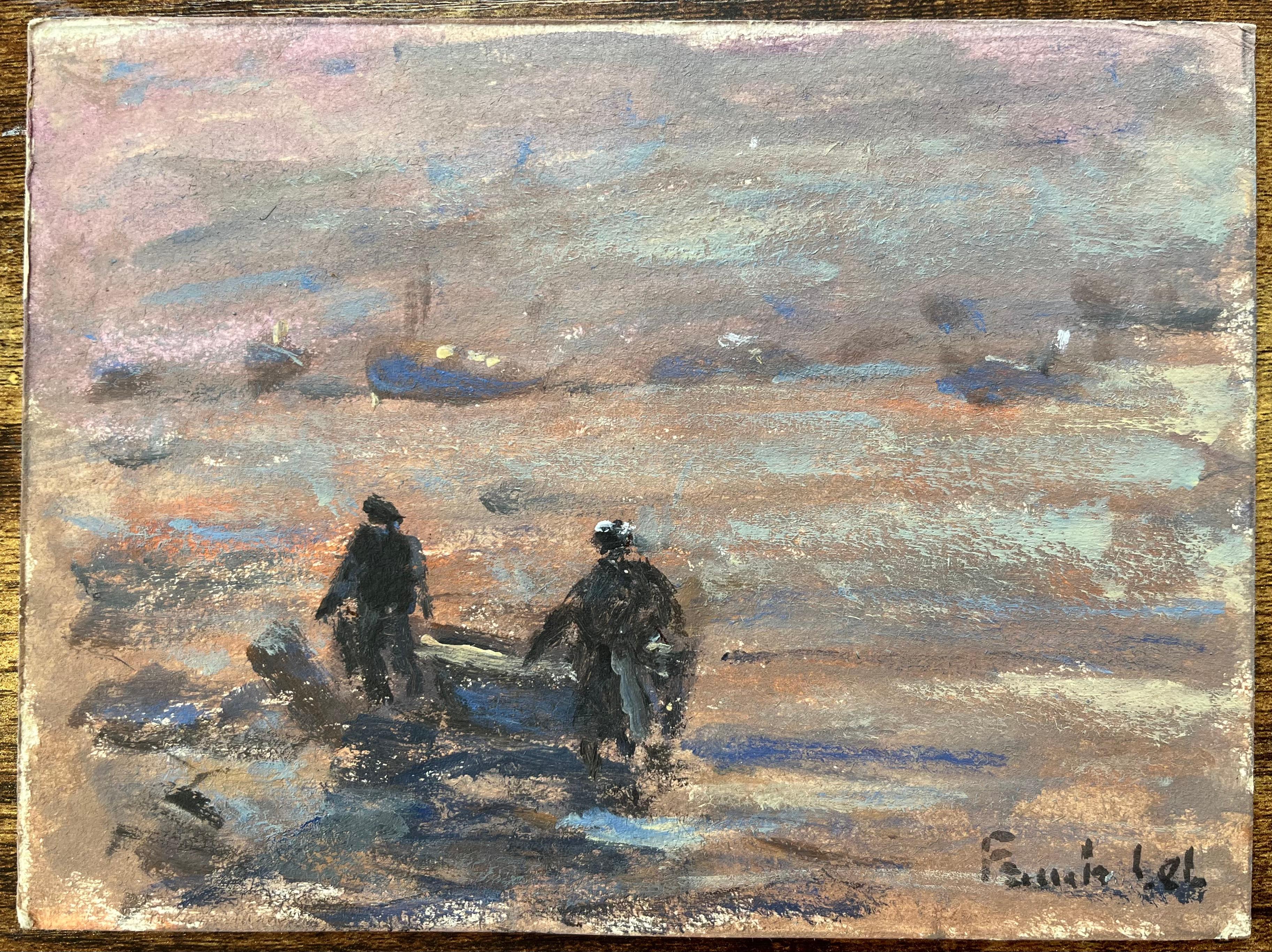 Titel: Französischer Impressionist Ölgemälde der Dämmerung bei Erquy
Von Fanch Lel (Franzose, geb. 1930)
Größe: 6,5 x 8,5 Zoll (Höhe x Breite)
Unterschrieben: Ja
Ölgemälde auf Karton, ungerahmt
Zustand: Das Gemälde ist in gutem Zustand, mit leichten