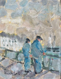 Französisches impressionistisches Ölgemälde des Impressionismus mit zwei Figuren an der Wasserfront, Douarnenez