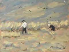 Peinture à l'huile impressionniste française représentant deux personnages récoltant sur un terrain tombé par le vent