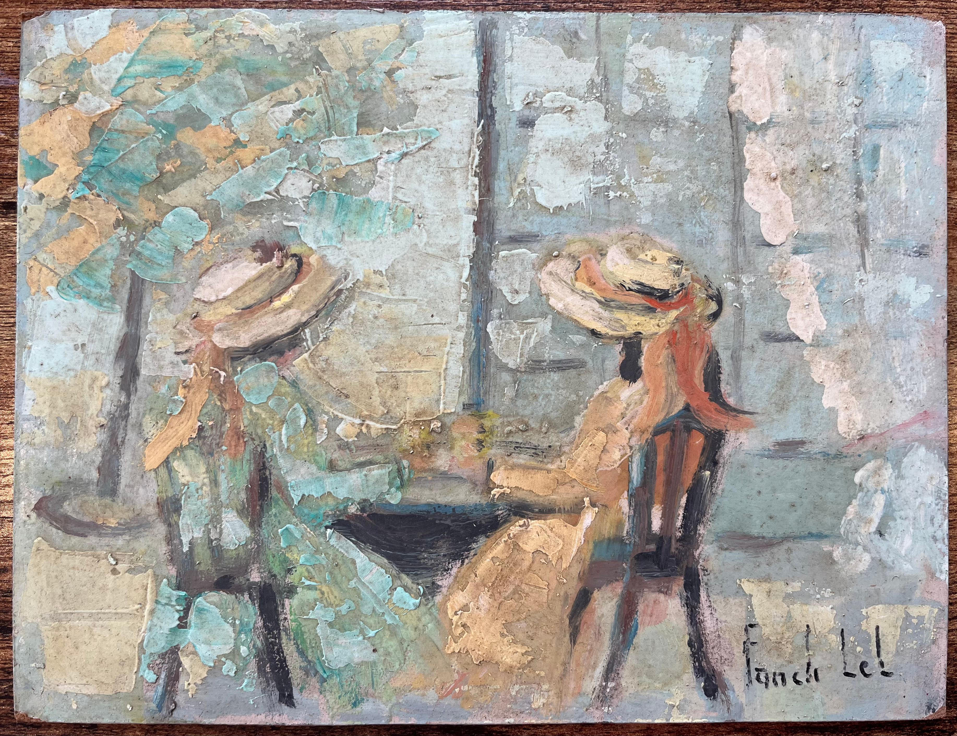 French Impressionist Oil Painting of Two Figures Seated on an Outdoor Terrace - Gray Landscape Painting by Fanch Lel