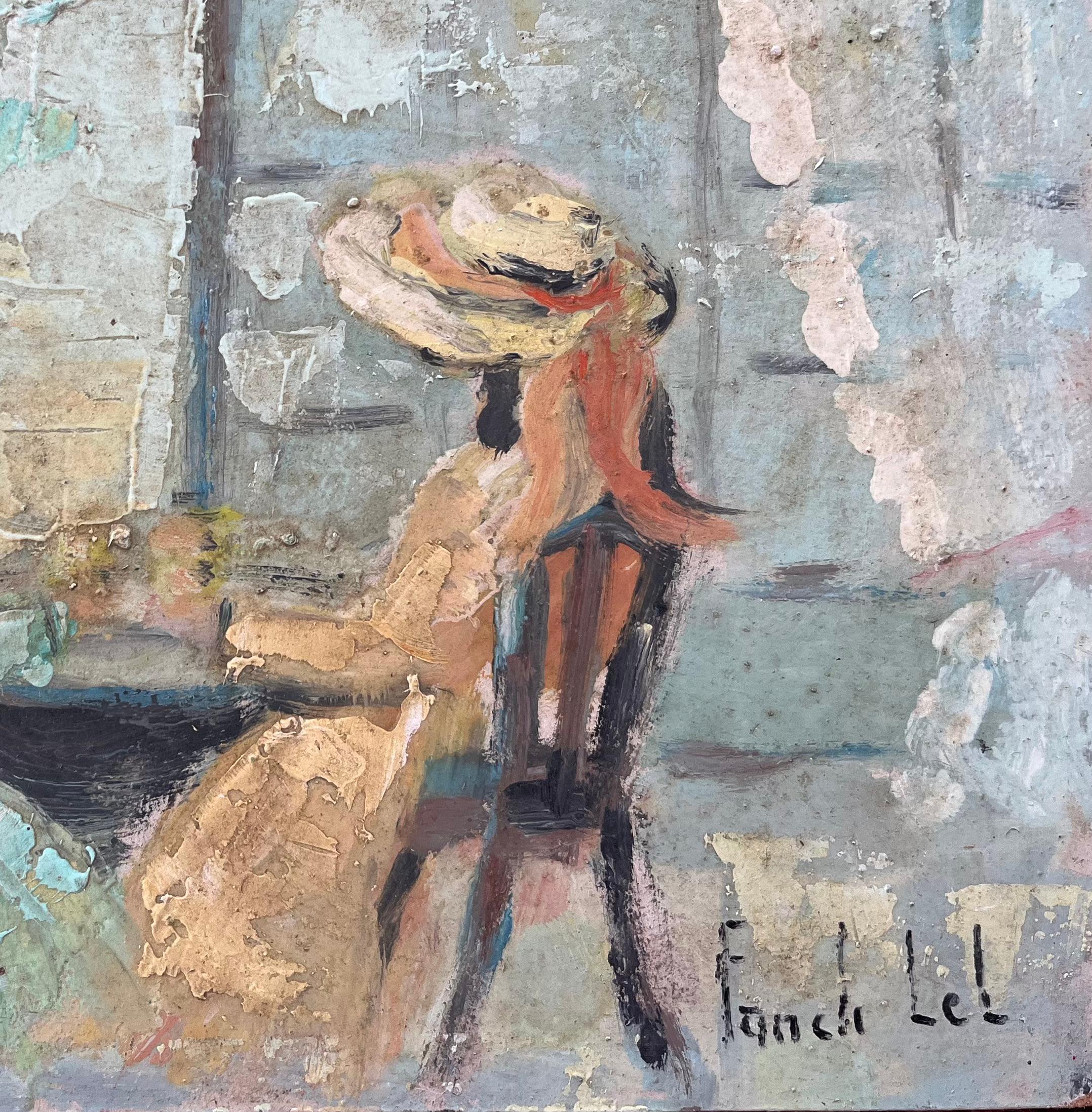 Title: French Impressionist Oil Painting of Two Figures Seated on an Outdoor Terrace
By Fanch Lel (French b. 1930)
Size: 7.25 x 9.25 inches (height x width)
Signed: Yes
Oil painting on board, unframed
Condition: The painting is in good condition,