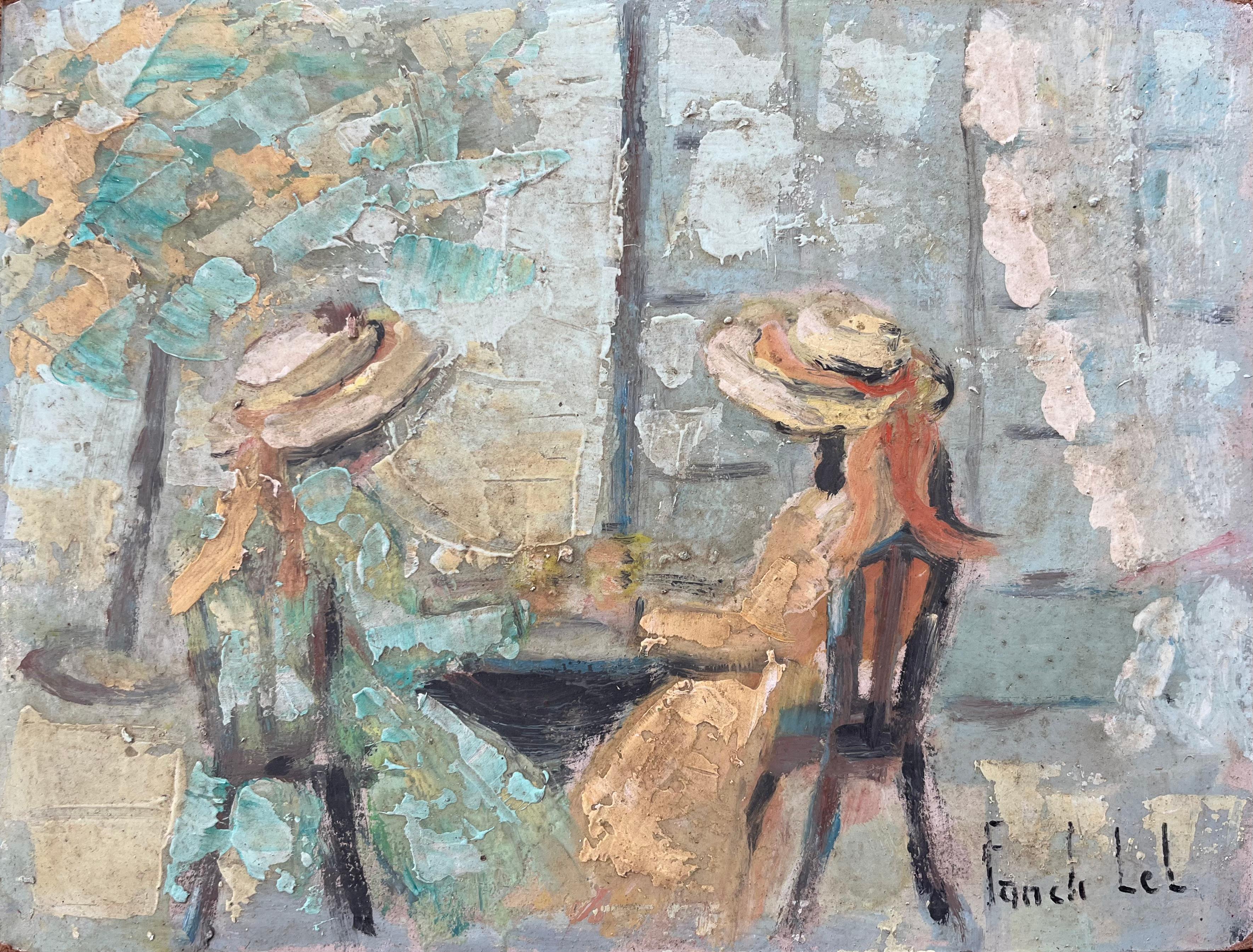 Fanch Lel Landscape Painting - French Impressionist Oil Painting of Two Figures Seated on an Outdoor Terrace