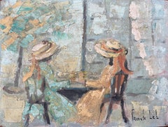 Französischer Impressionist Ölgemälde von zwei Figuren auf einer Terrasse sitzend
