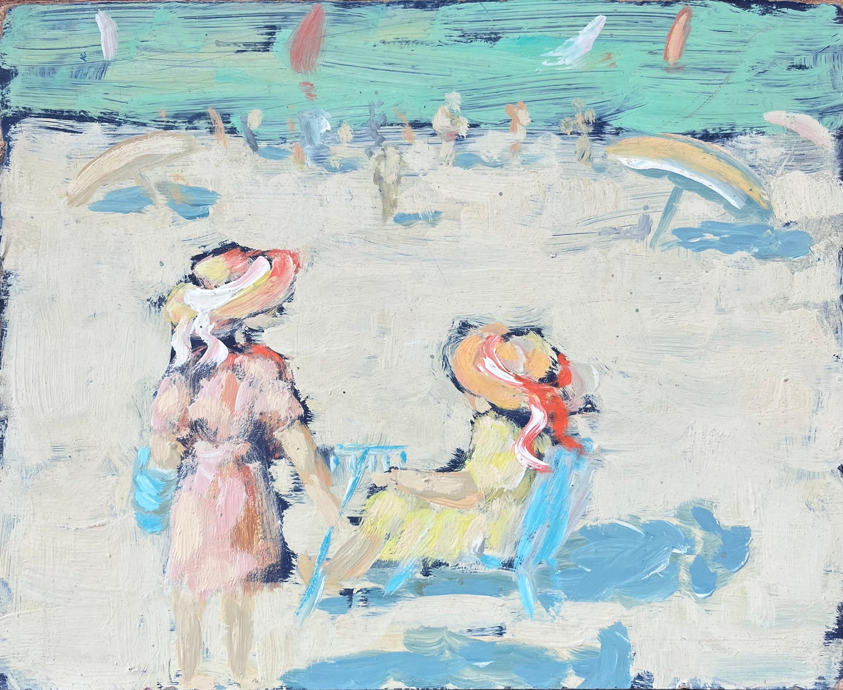 Figurative Painting de Fanch Lel - Óleo impresionista francés de dos mujeres en la playa