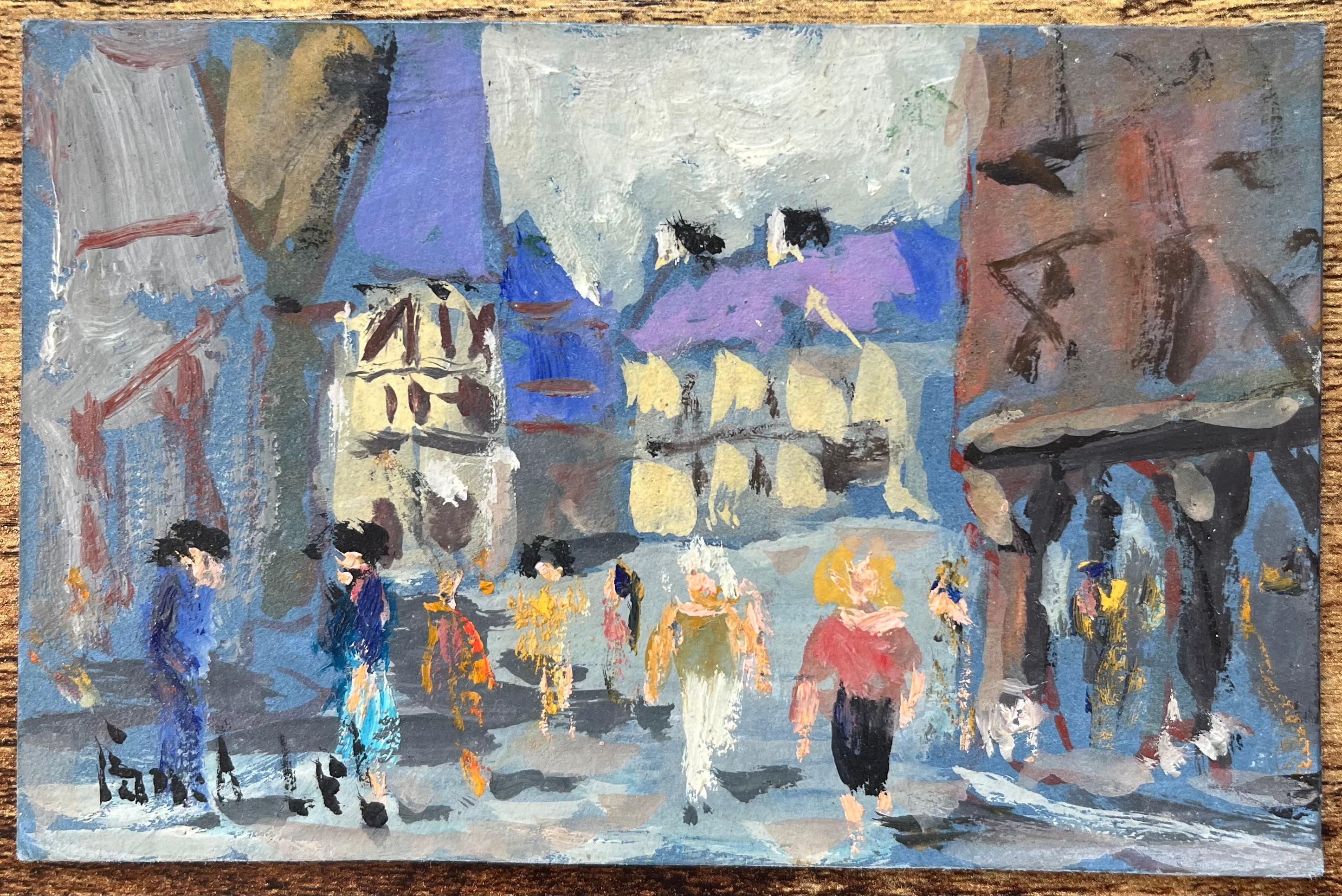 Quadro a olio dell'Impressionismo francese con varie figure che passeggiano a Dinan - Painting di Fanch Lel