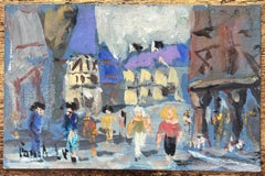 Peinture à l'huile impressionniste française représentant diverses figures se promenant à Dinan
