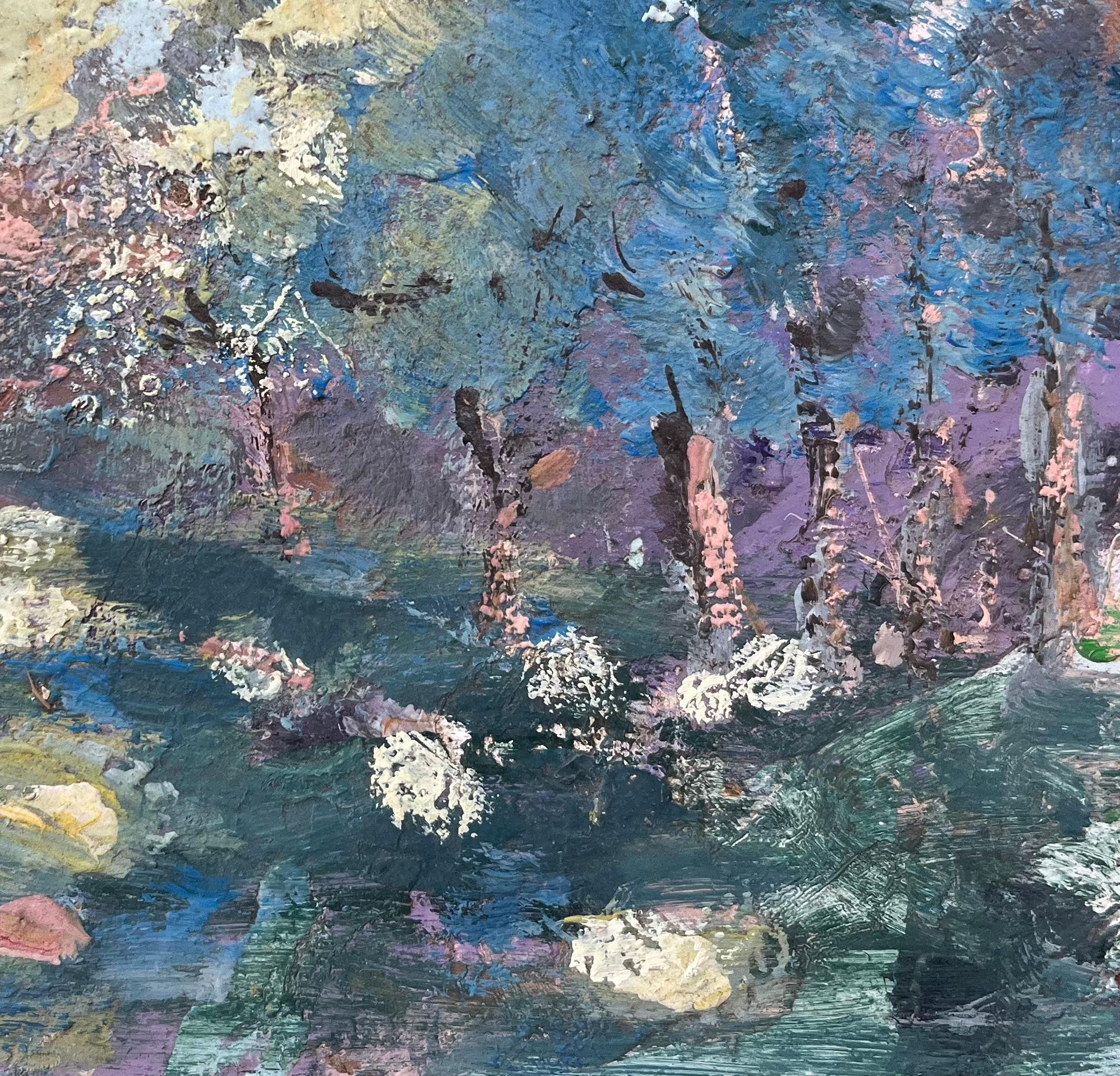 Pittura ad olio impressionista francese con scena di bosco verdeggiante - Painting di Fanch Lel
