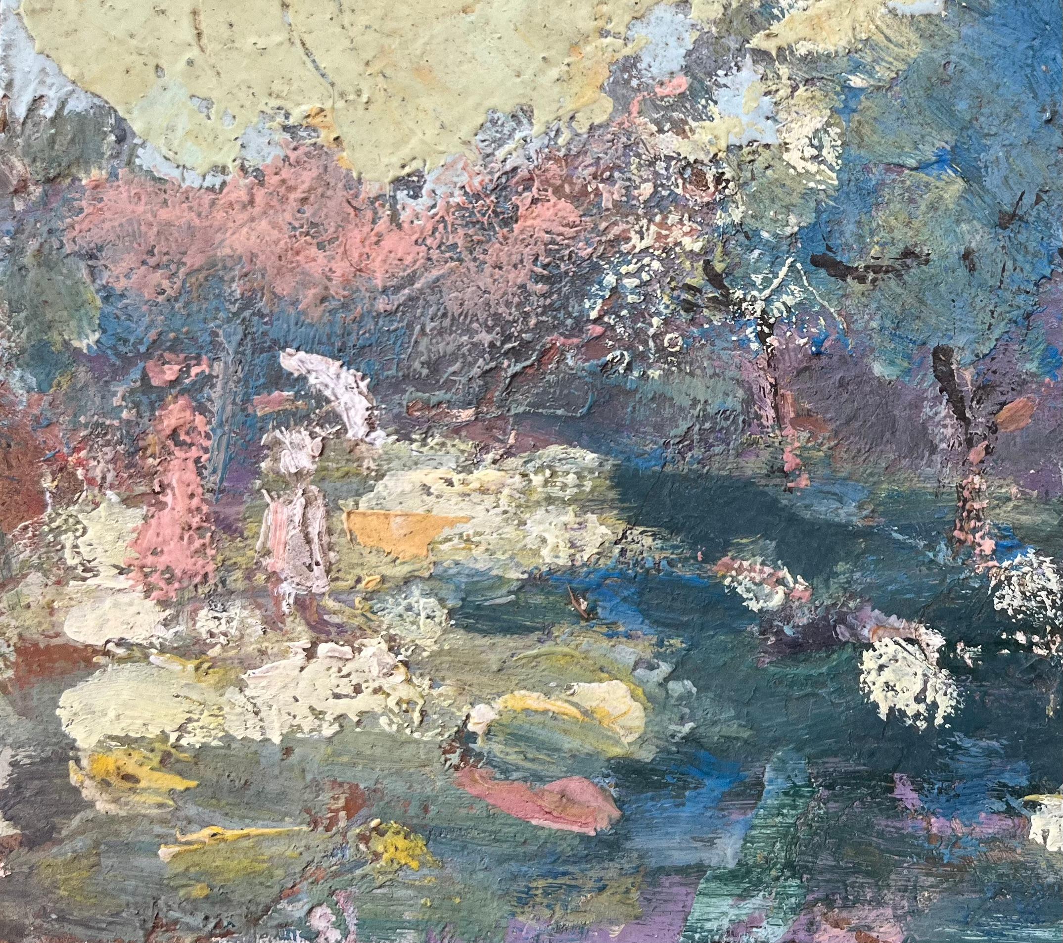 Pittura ad olio impressionista francese con scena di bosco verdeggiante - Landscape Painting Grigio di Fanch Lel