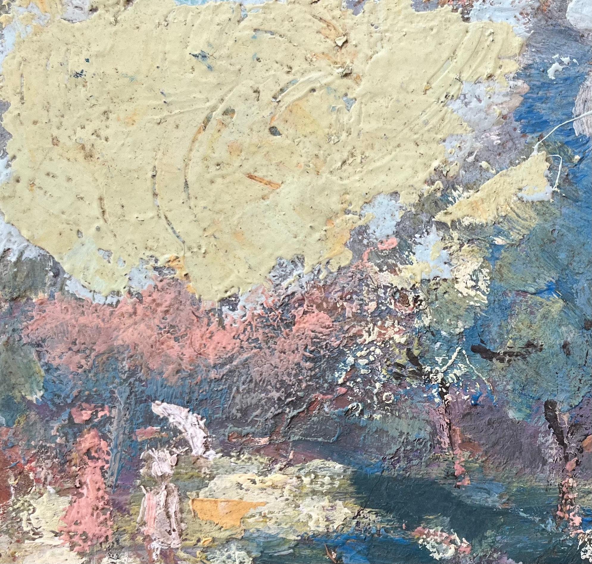 Pittura ad olio impressionista francese con scena di bosco verdeggiante 1