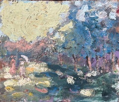 Pittura ad olio impressionista francese con scena di bosco verdeggiante