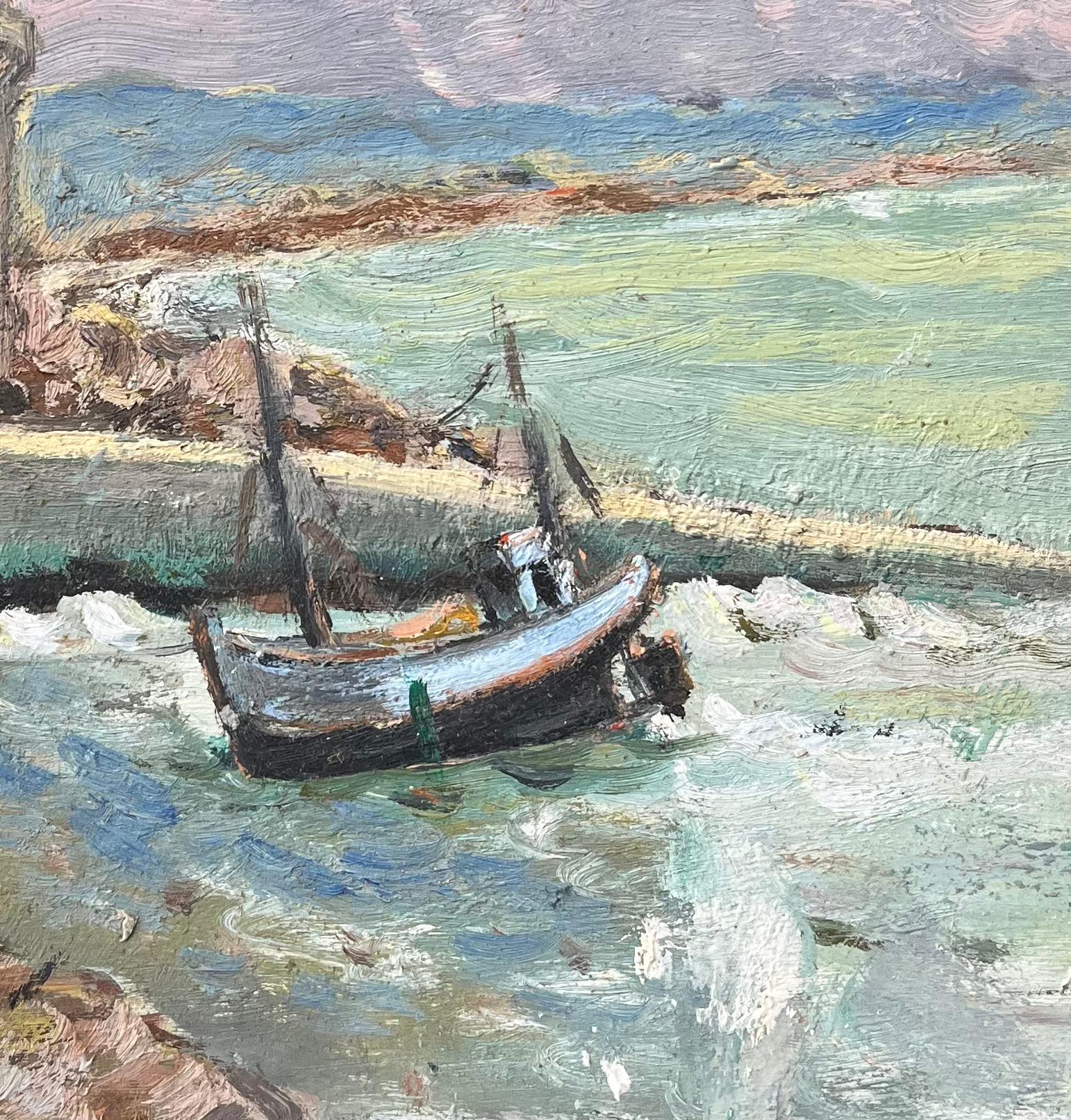 Französischer Impressionist Ölgemälde von Blick auf den Vauban-Turm, Camaret-sur-Mer (Grau), Figurative Painting, von Fanch Lel