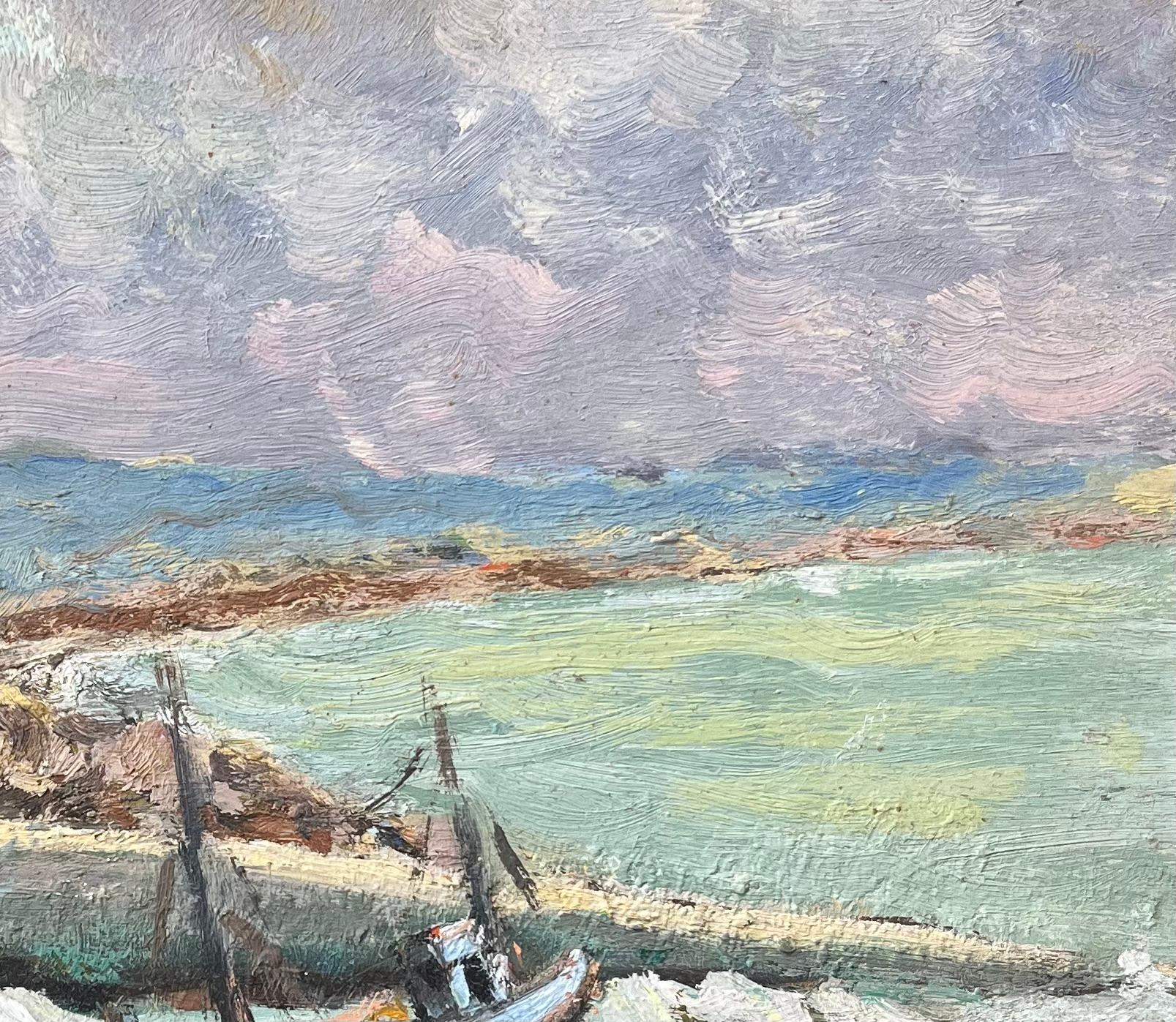 Titel: Französischer Impressionist Ölgemälde Blick auf den Vauban-Turm, Camaret-sur-Mer
Von Fanch Lel (Franzose, geb. 1930)
Größe: 9 x 11,5 Zoll (Höhe x Breite)
Ölgemälde auf Karton, ungerahmt
Zustand: Das Gemälde ist in gutem Zustand.
Provenienz: