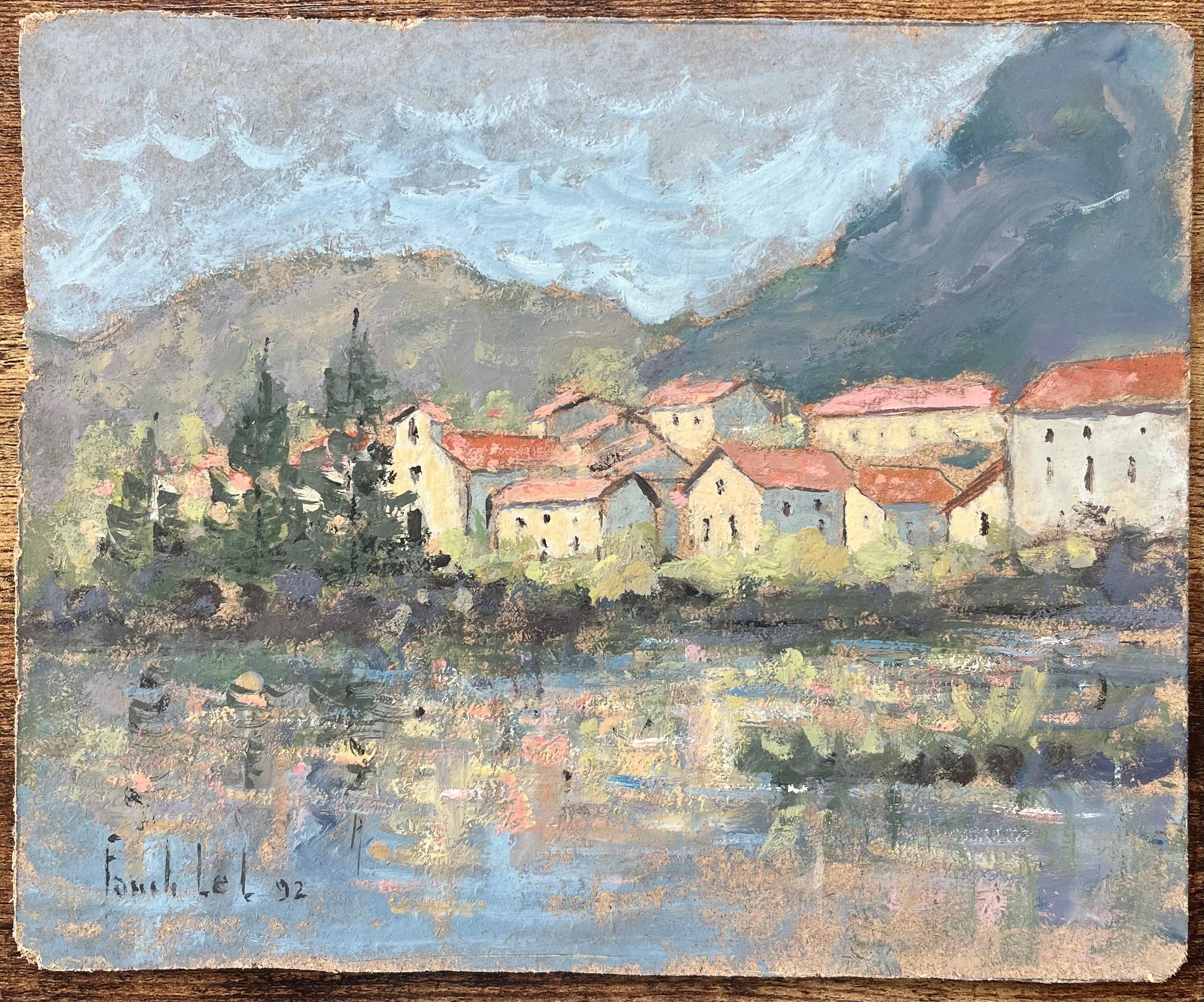 Quadro a olio impressionista francese del villaggio di Laroque, Aveyron, Francia - Painting di Fanch Lel