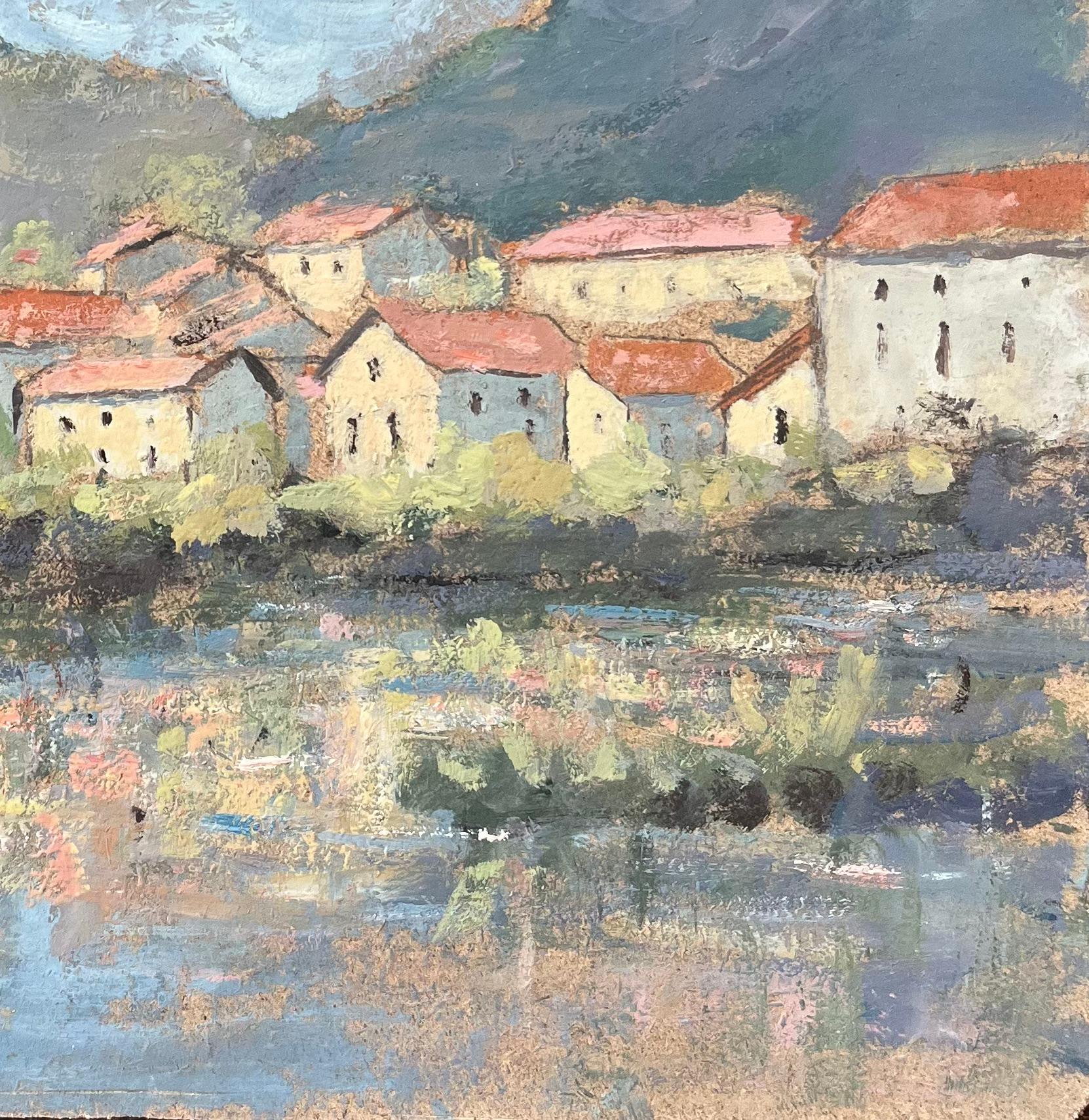 Quadro a olio impressionista francese del villaggio di Laroque, Aveyron, Francia - Painting Impressionismo di Fanch Lel