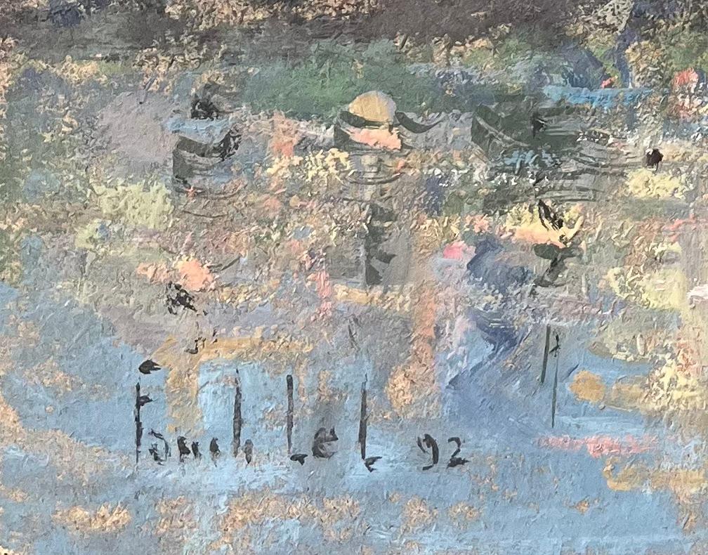 Quadro a olio impressionista francese del villaggio di Laroque, Aveyron, Francia in vendita 2