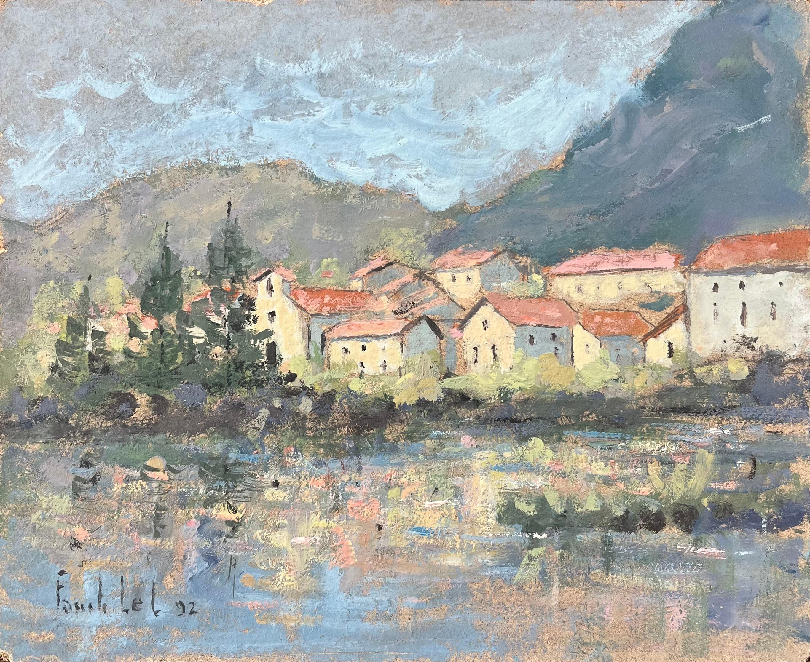 Figurative Painting di Fanch Lel - Quadro a olio impressionista francese del villaggio di Laroque, Aveyron, Francia