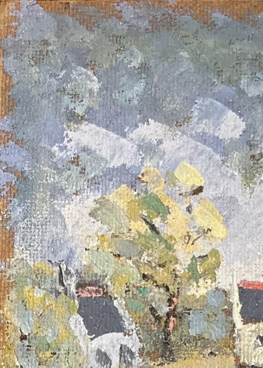 Título: Pintura al óleo impresionista francesa de pueblo en la campiña bretona
Por Fanch Lel (francés, 1930)
Tamaño: 8,75 x 6,75 pulgadas (alto x ancho)
Firmado: Sí
Óleo sobre tabla, sin enmarcar
Estado de conservación: El cuadro está en buen