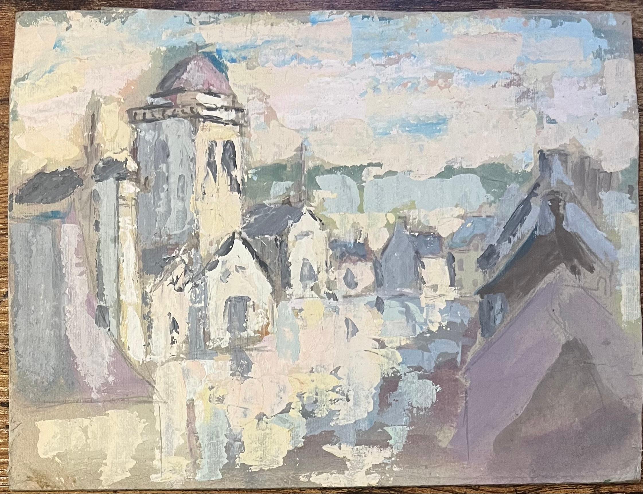 Pittura a olio impressionista francese raffigurante un villaggio di ombre in luce pastello - Painting di Fanch Lel