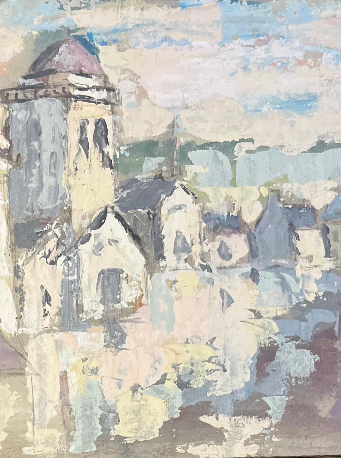 Pittura a olio impressionista francese raffigurante un villaggio di ombre in luce pastello - Figurative Painting Grigio di Fanch Lel