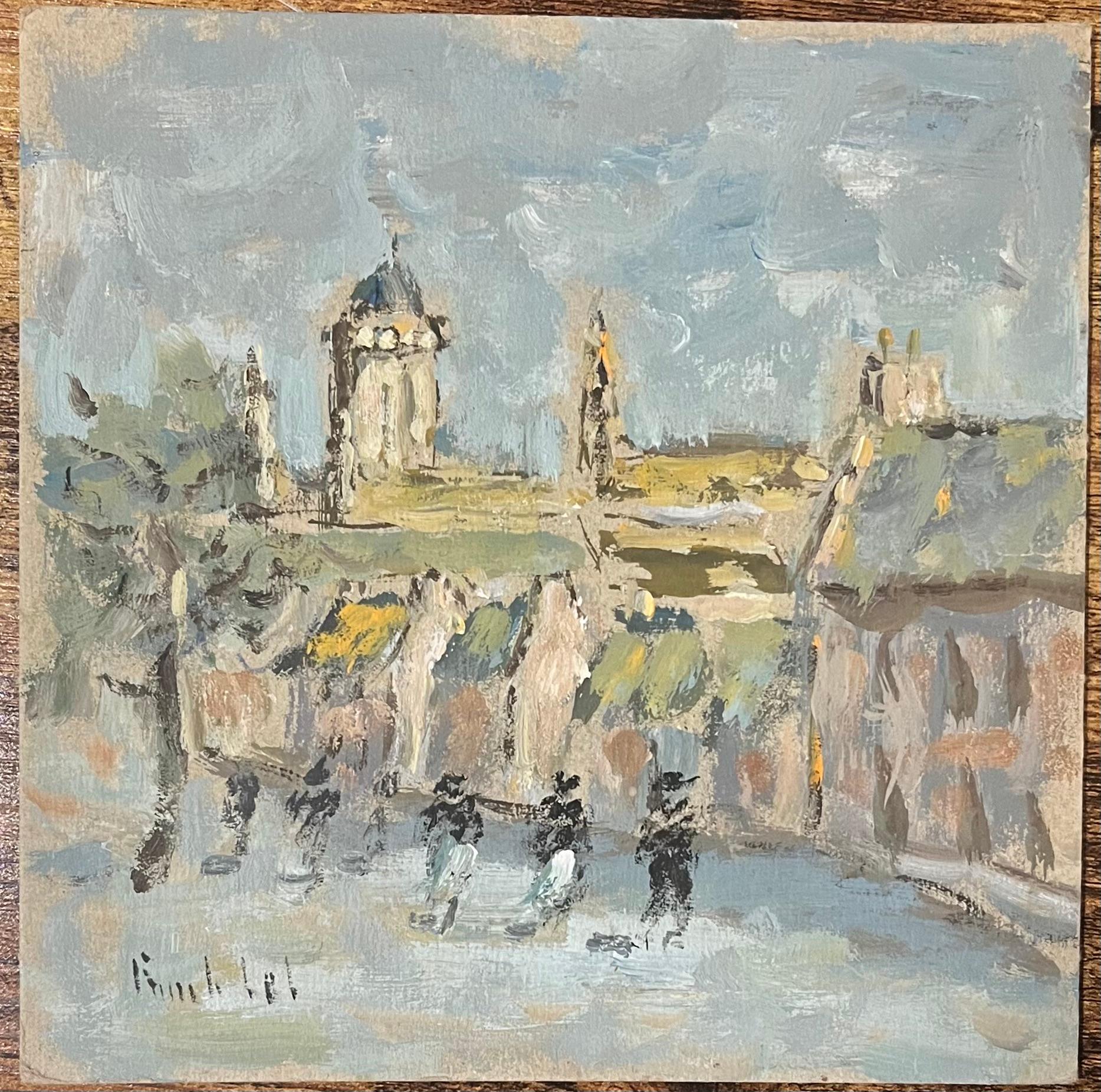 Pittura ad olio impressionista francese con scena di villaggio con figure ed edifici - Painting di Fanch Lel