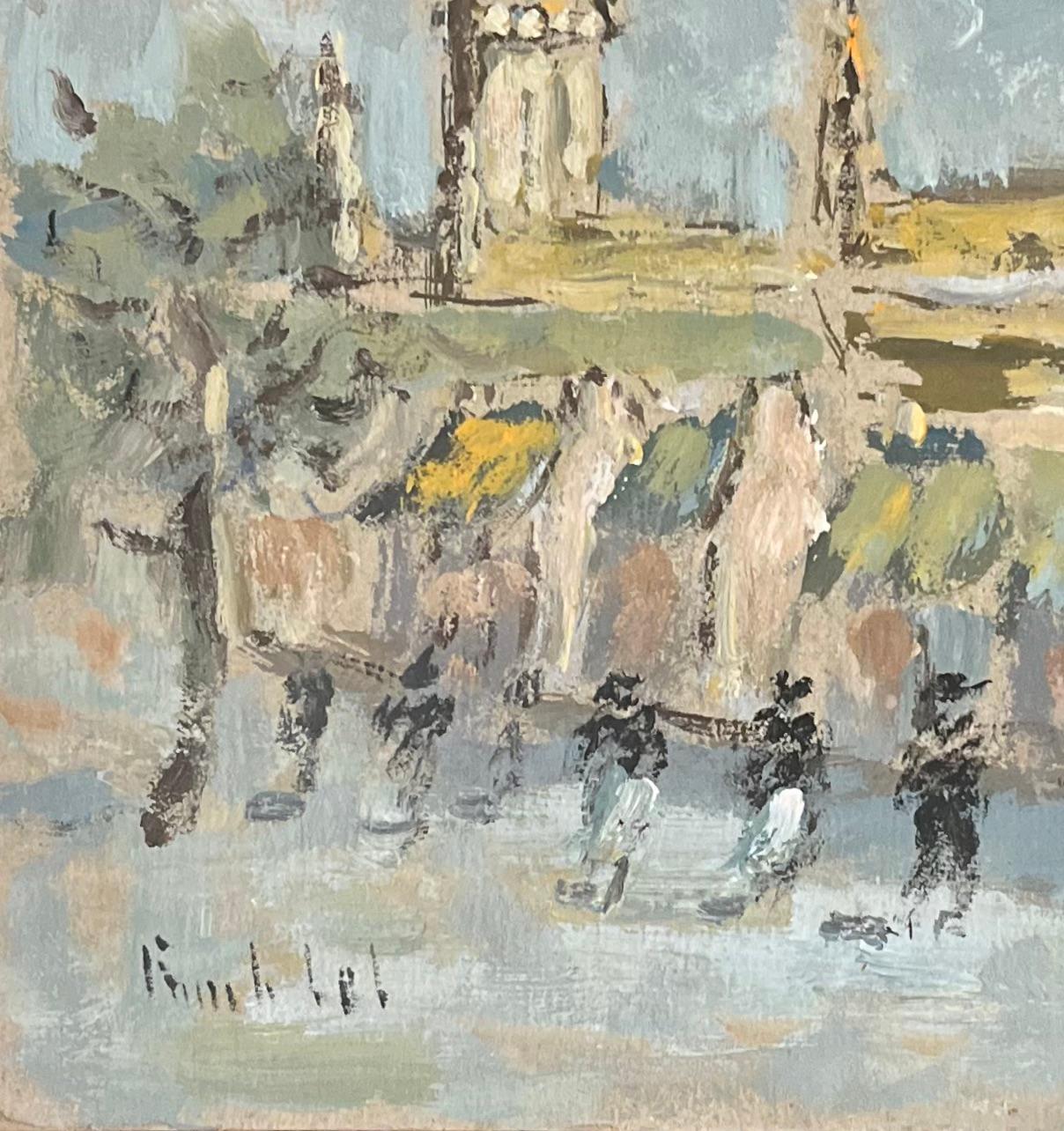 Pittura ad olio impressionista francese con scena di villaggio con figure ed edifici - Painting Impressionismo di Fanch Lel