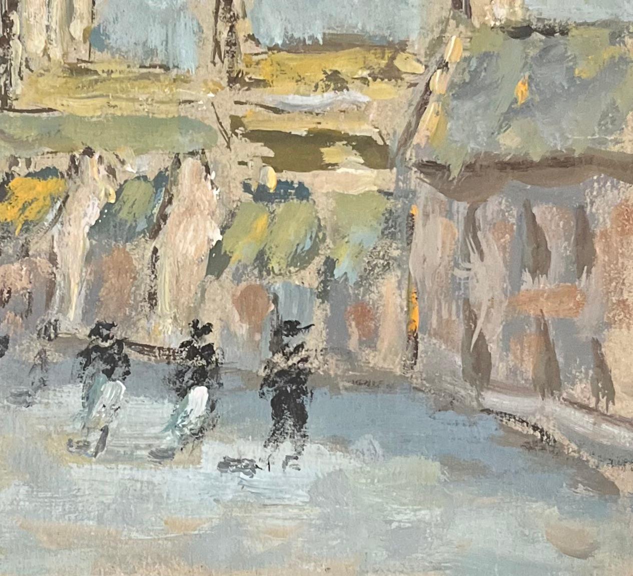 Pittura ad olio impressionista francese con scena di villaggio con figure ed edifici - Landscape Painting Grigio di Fanch Lel