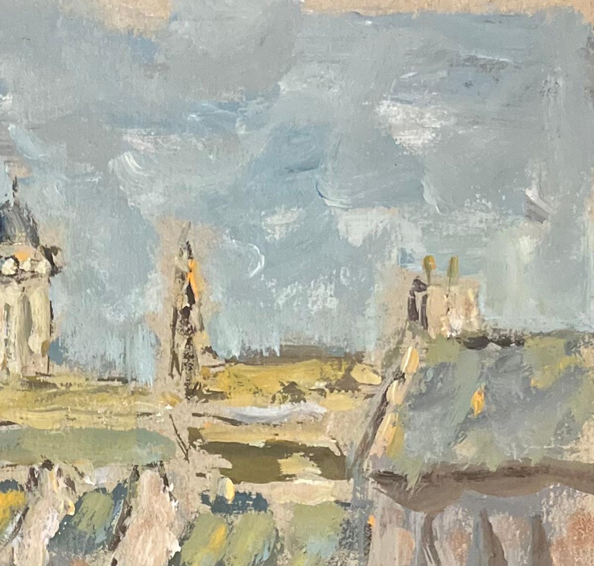 Pittura ad olio impressionista francese con scena di villaggio con figure ed edifici in vendita 1