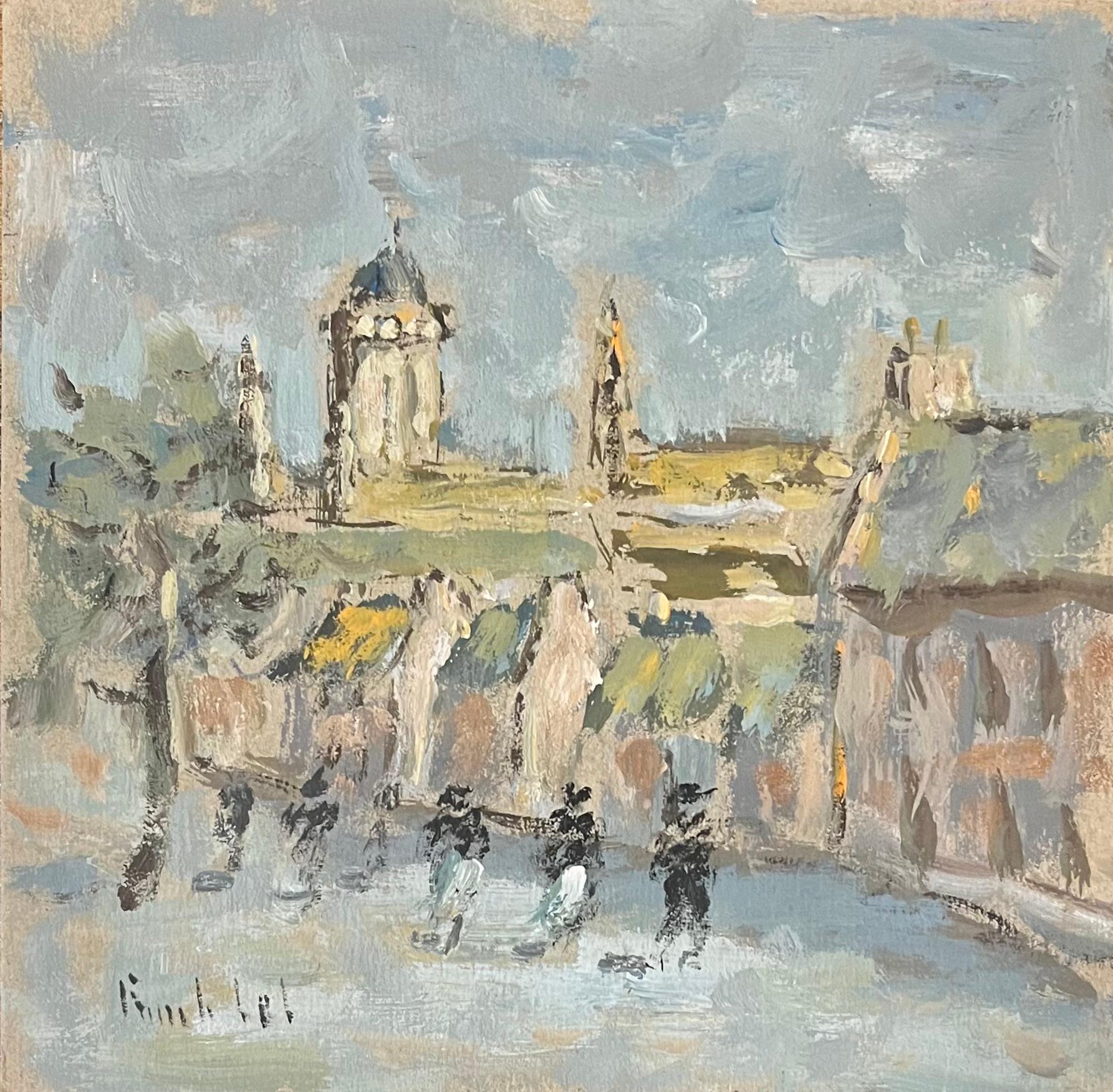 Landscape Painting di Fanch Lel - Pittura ad olio impressionista francese con scena di villaggio con figure ed edifici