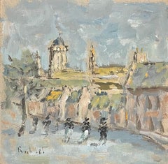 French Impressionist Oil Painting of Village Scene with Figures and Buildings