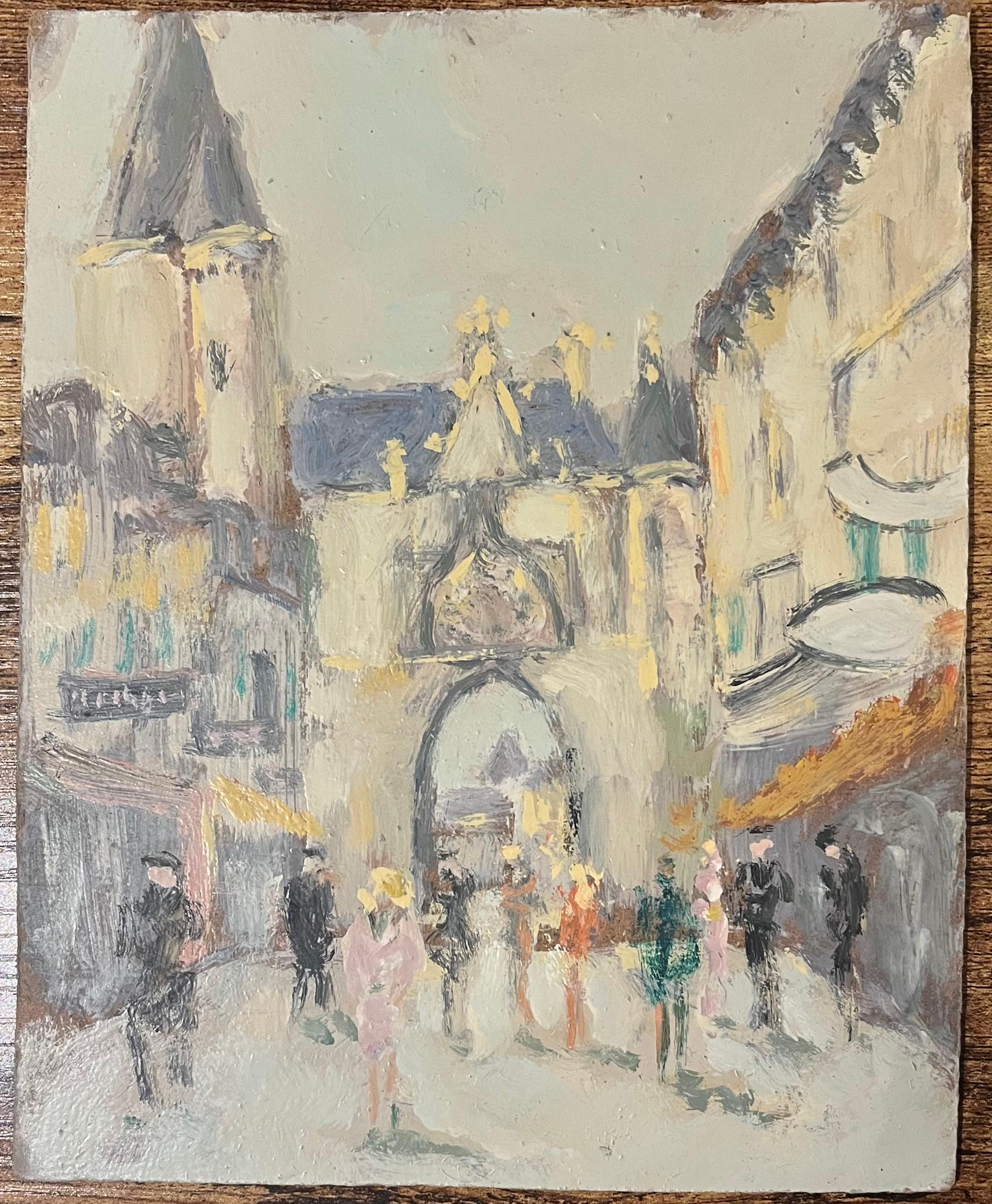 Pittura a olio impressionista francese di scena di villaggio con architettura gotica - Painting di Fanch Lel
