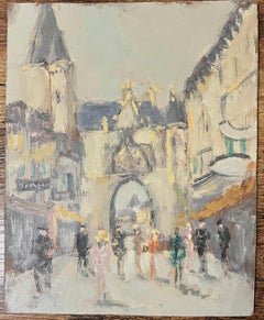 French Impressionist Oil Painting of Village Scene with Gothic Architecture