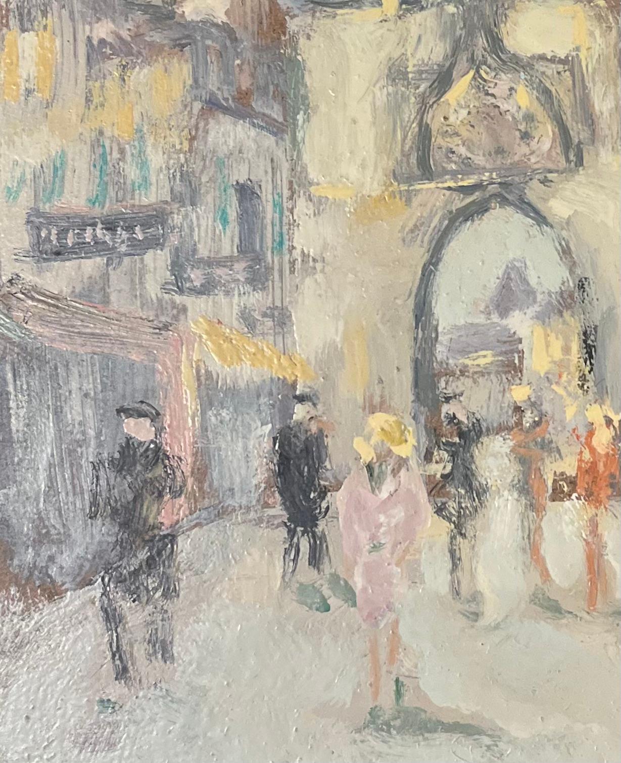 Pittura a olio impressionista francese di scena di villaggio con architettura gotica - Figurative Painting Beige di Fanch Lel