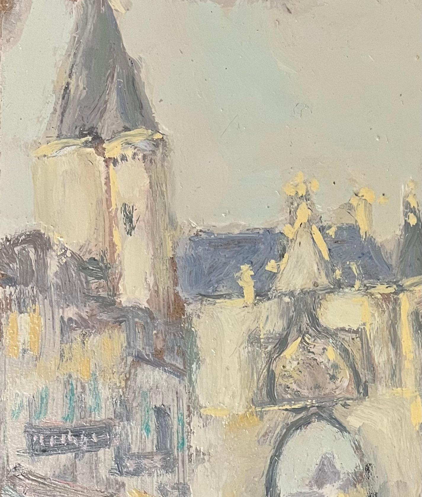 Pittura a olio impressionista francese di scena di villaggio con architettura gotica in vendita 1
