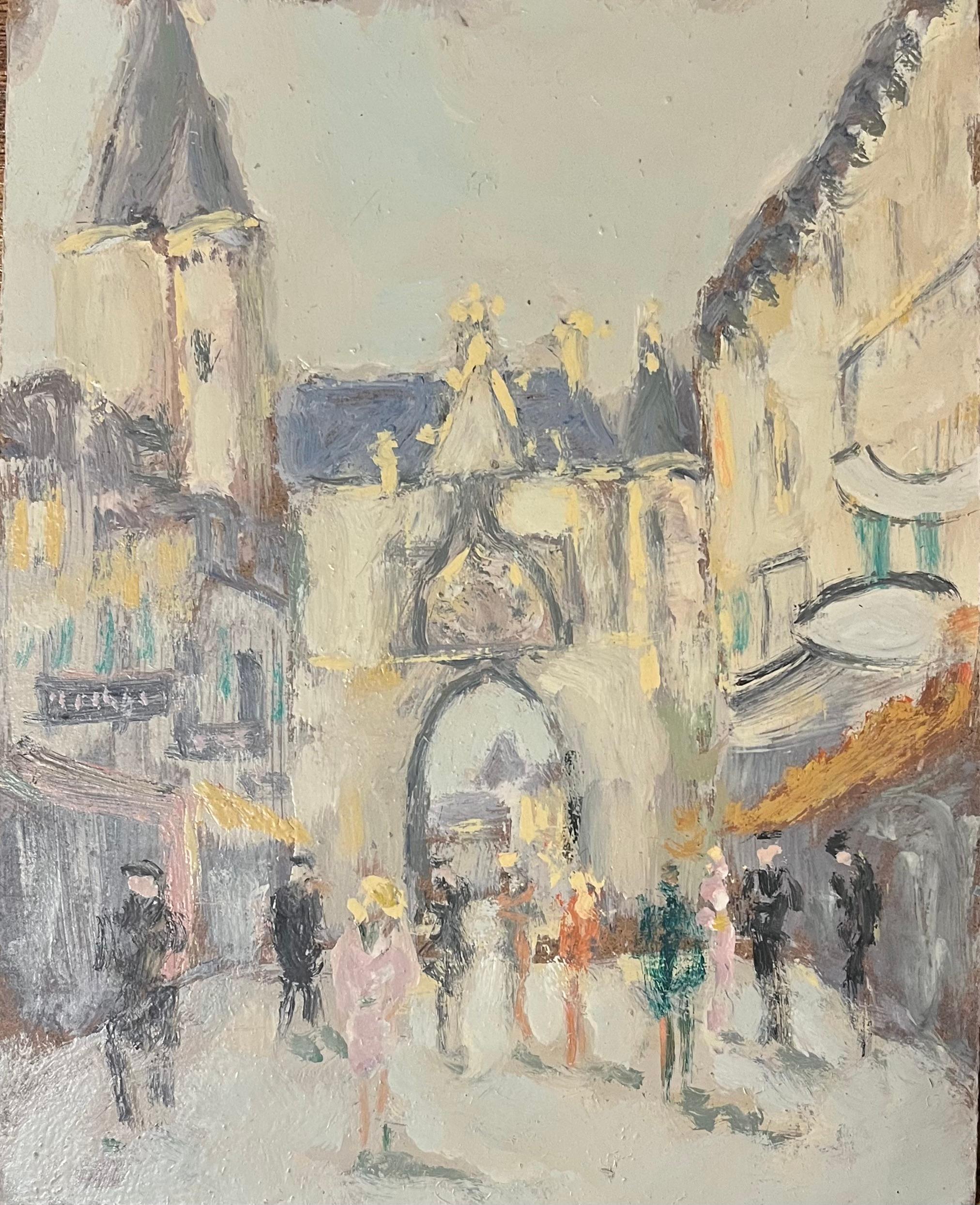 Figurative Painting di Fanch Lel - Pittura a olio impressionista francese di scena di villaggio con architettura gotica