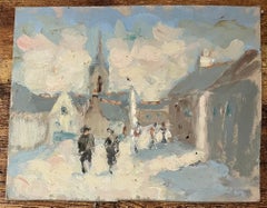 Pittura a olio impressionista francese con scena di villaggio e figure che passeggiano