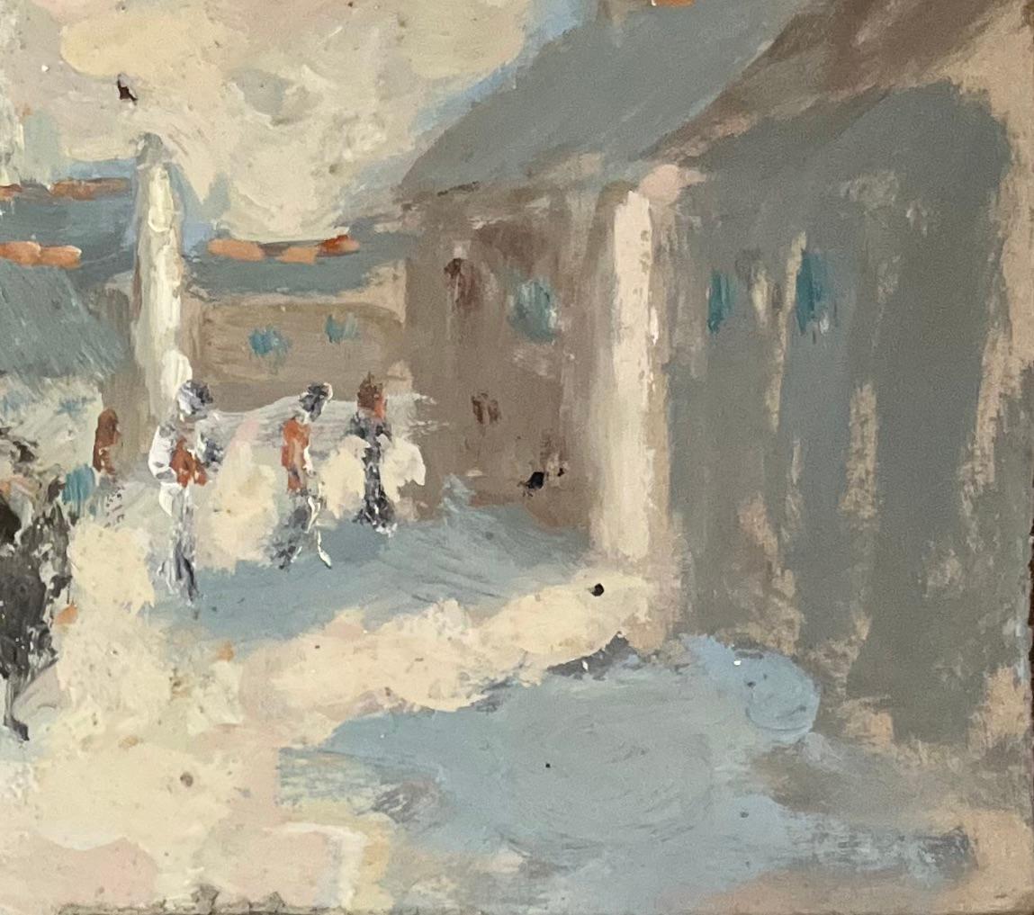 Title: French Impressionist Oil Painting of Village Scene with Strolling Figures
By Fanch Lel (French b. 1930)
Size: 8.25 x 10.75 inches (height x width)
Oil painting on board, unframed
Condition: The painting is in good condition, with minor signs