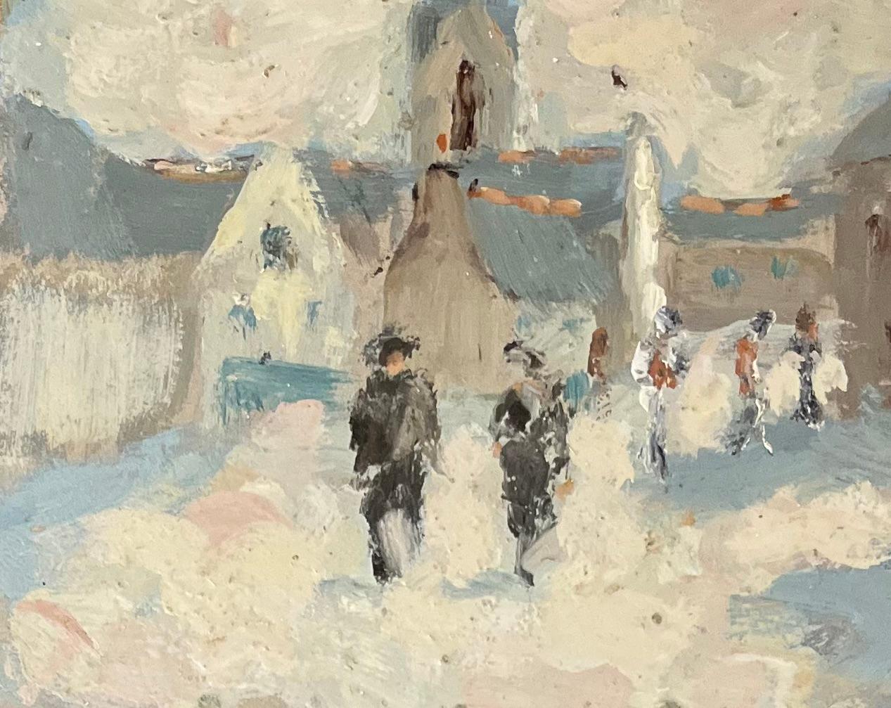 French Impressionist Oil Painting of Village Scene with Strolling Figures For Sale 1