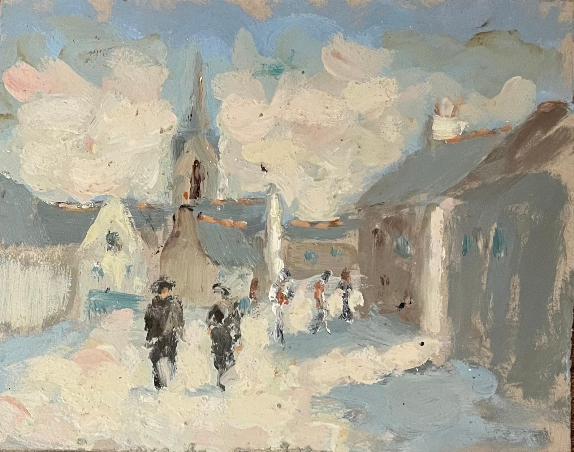 Fanch Lel Figurative Painting - French Impressionist Oil Painting of Village Scene with Strolling Figures