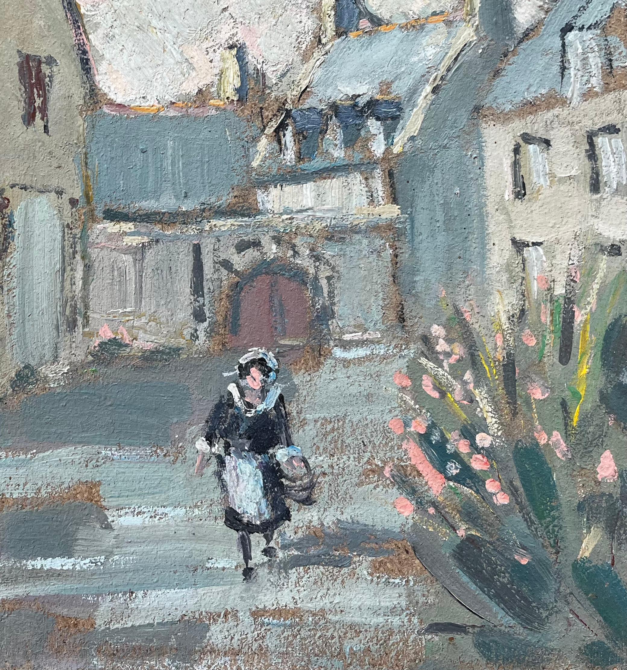 Pintura al óleo impresionista francesa de calle de pueblo en Brehat con figura - Painting de Fanch Lel