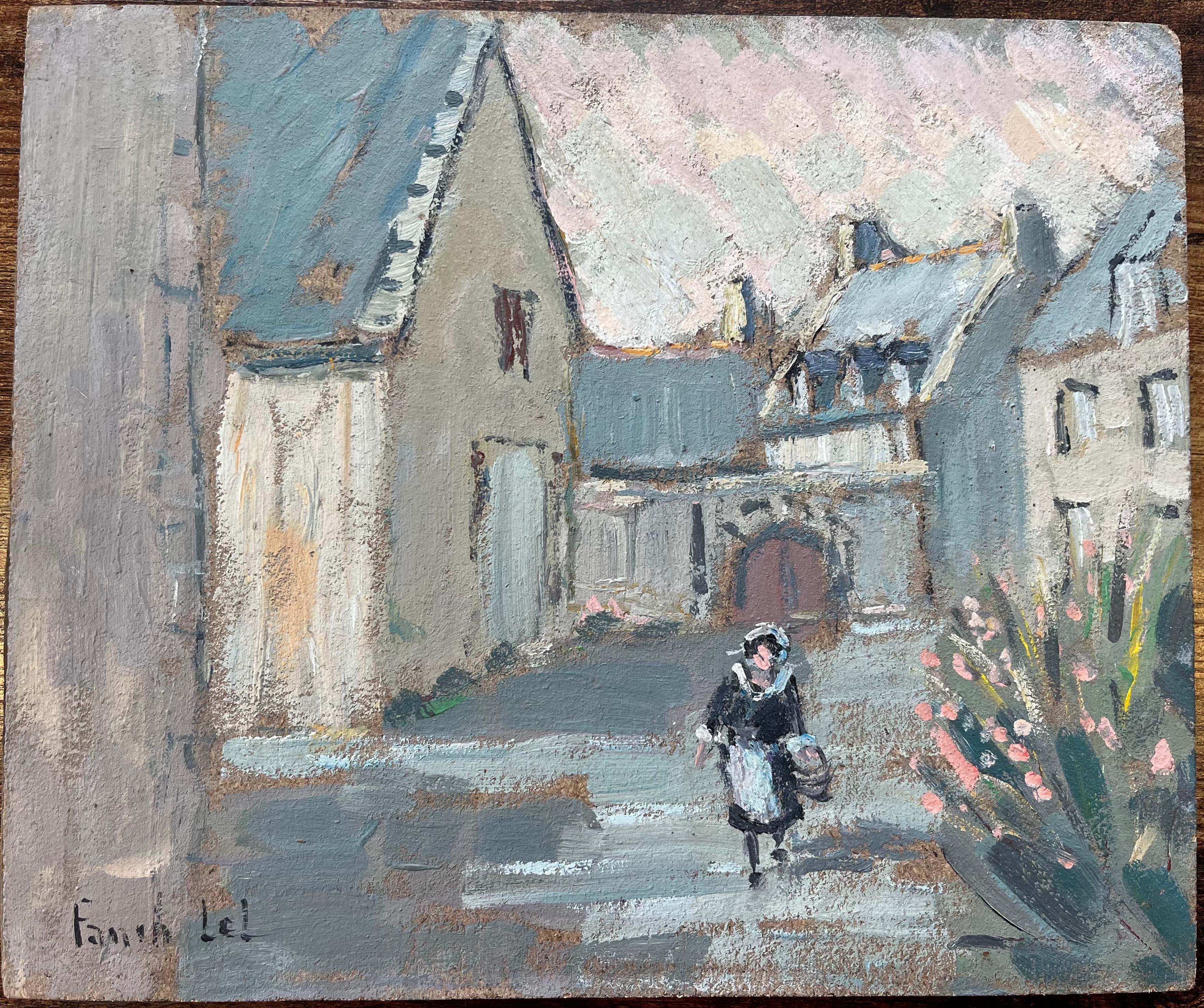 Pintura al óleo impresionista francesa de calle de pueblo en Brehat con figura - Landscape Painting Gris de Fanch Lel
