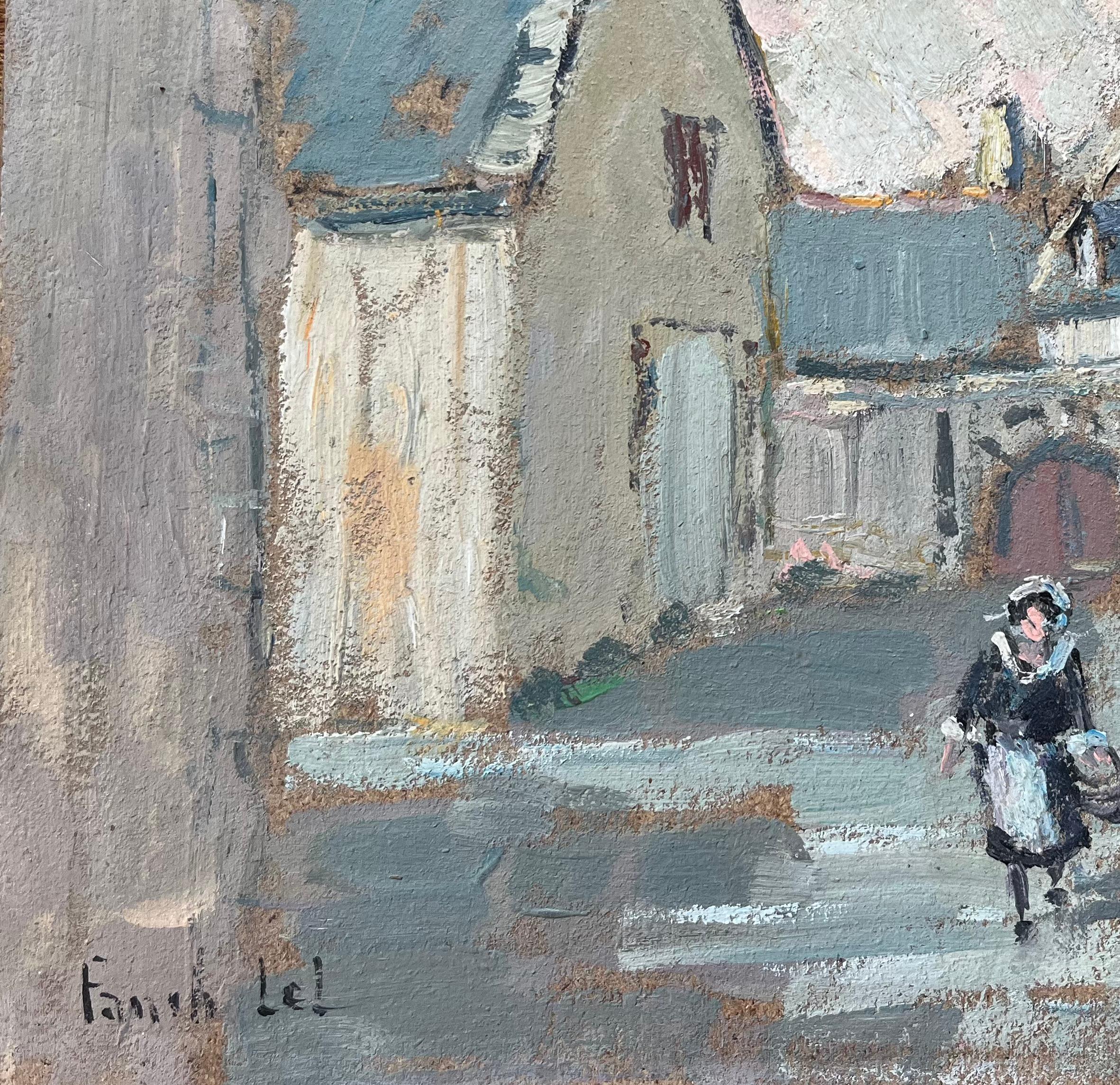 Pintura al óleo impresionista francesa de calle de pueblo en Brehat con figura 1