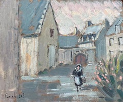 Pintura al óleo impresionista francesa de calle de pueblo en Brehat con figura
