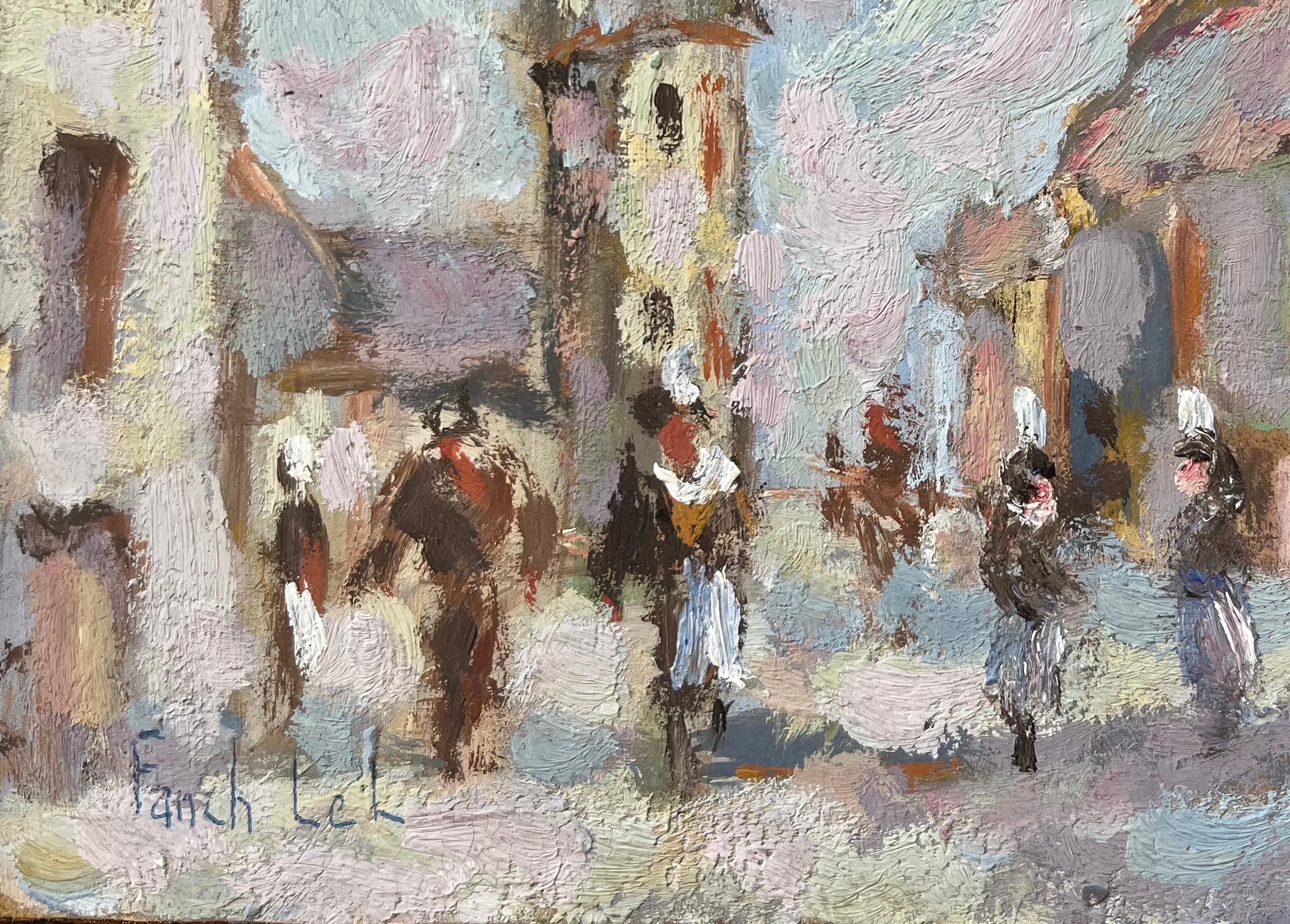 Pintura al óleo impresionista francesa de escena callejera de pueblo con figuras - Painting de Fanch Lel