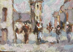 Peinture à l'huile impressionniste française d'une scène de rue de village avec des personnages
