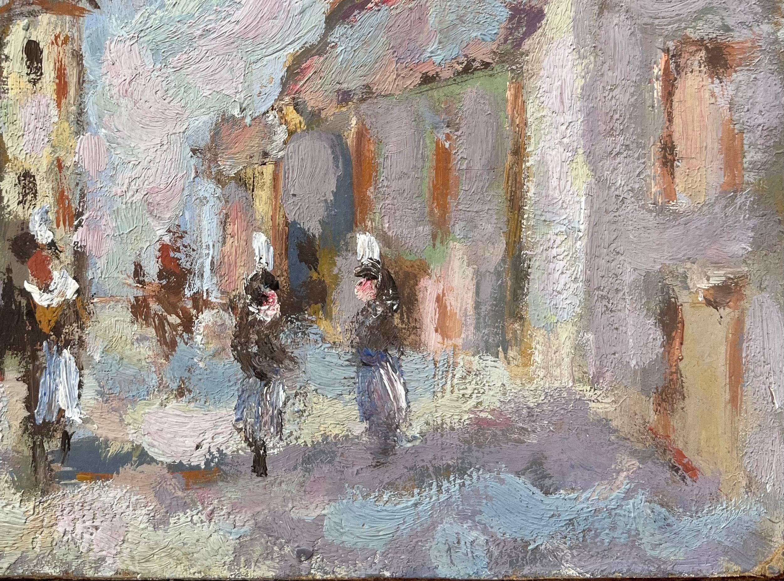 Pintura al óleo impresionista francesa de escena callejera de pueblo con figuras - Landscape Painting Gris de Fanch Lel