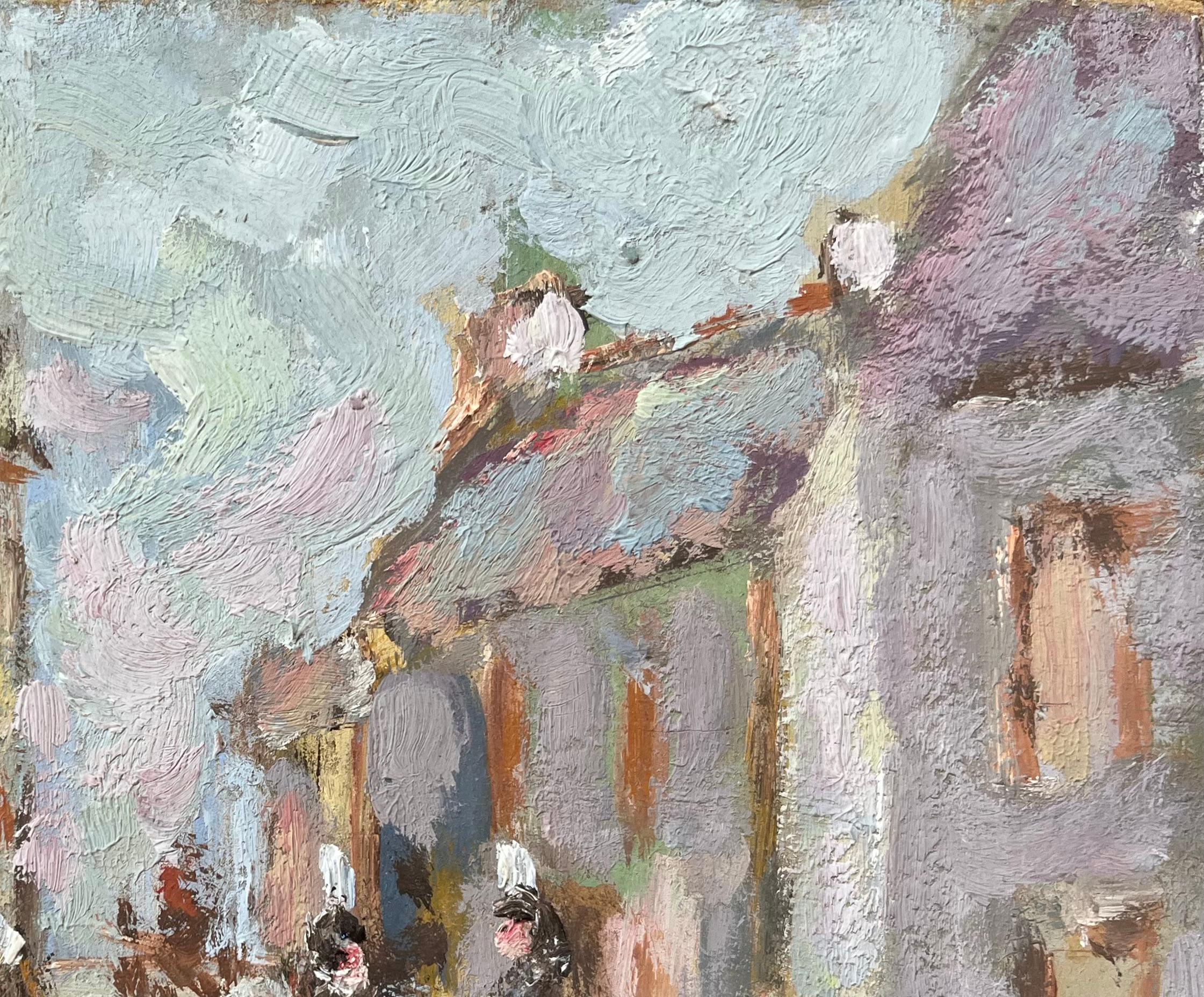 Título: Pintura al óleo impresionista francesa de escena callejera de pueblo con figuras
Por Fanch Lel (francés, 1930)
Tamaño: 5,75 x 8,25 pulgadas (alto x ancho)
Firmado: Sí
Óleo sobre tabla, sin enmarcar
Estado de conservación: El cuadro está en