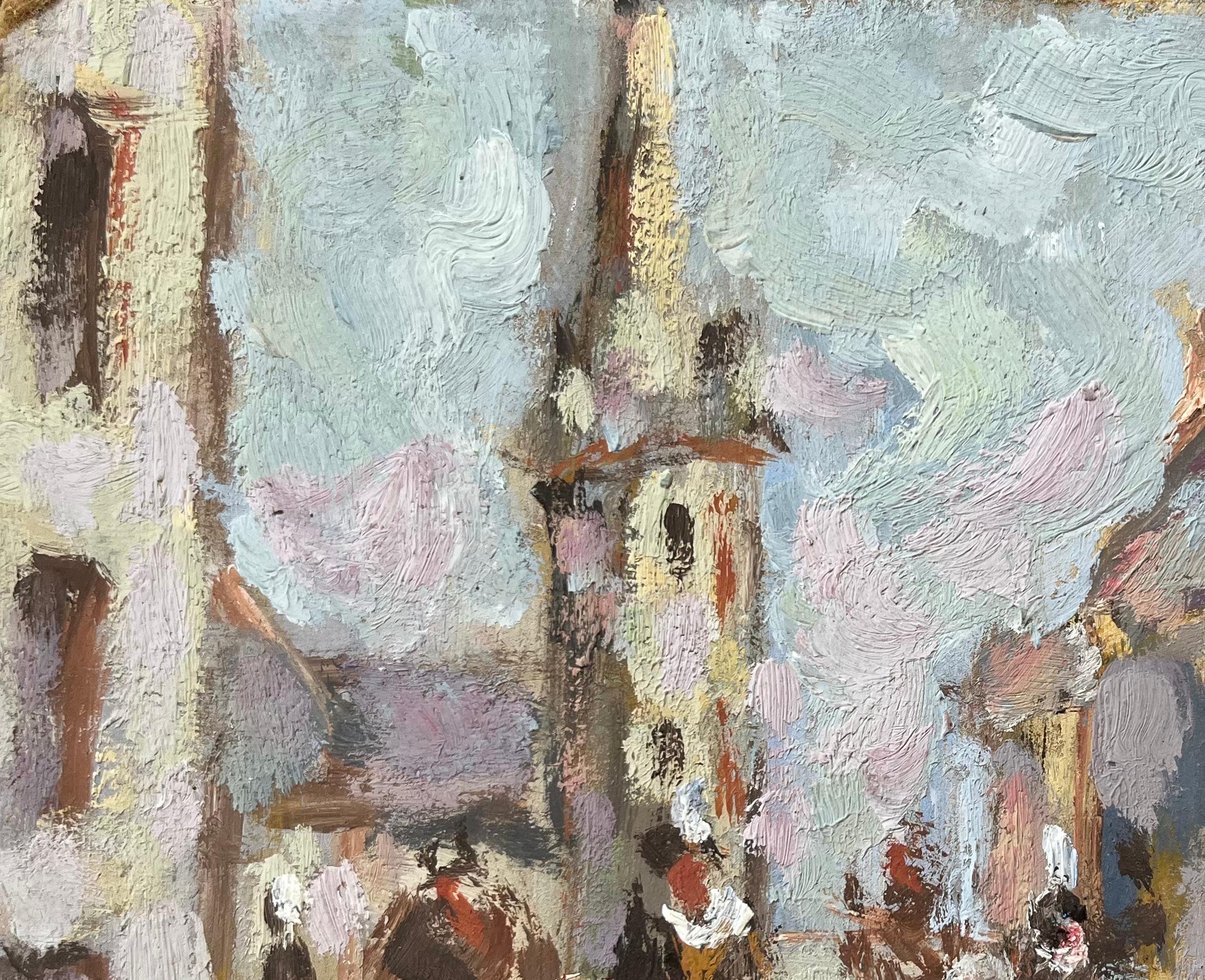 Pintura al óleo impresionista francesa de escena callejera de pueblo con figuras en venta 1