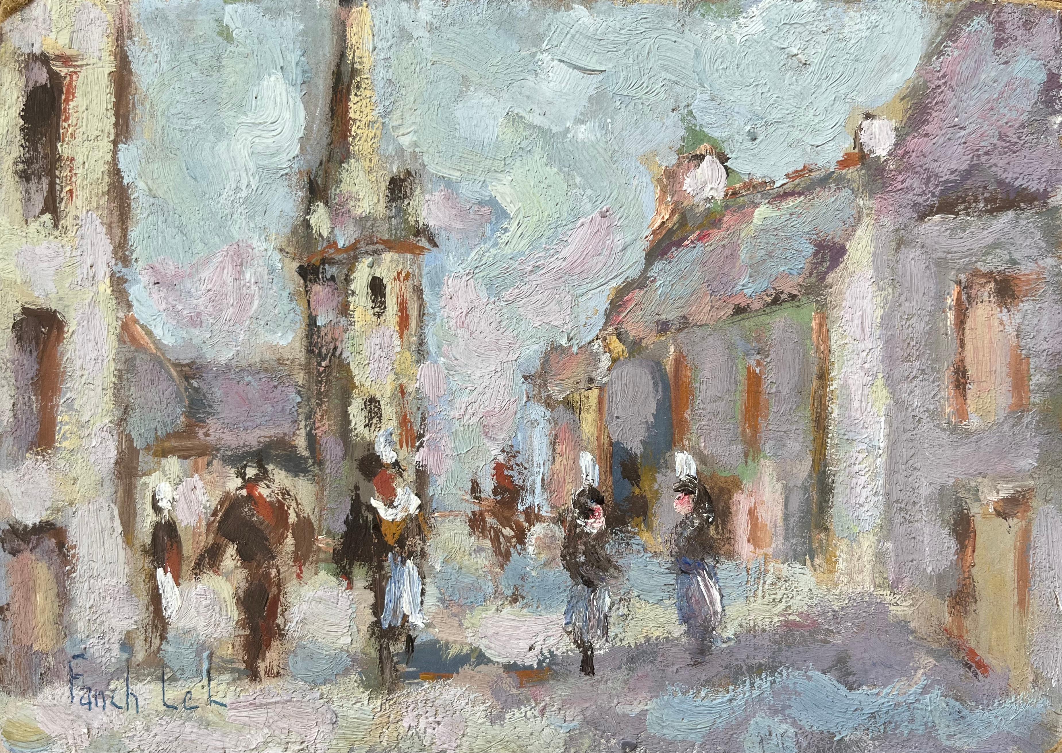 Landscape Painting de Fanch Lel - Pintura al óleo impresionista francesa de escena callejera de pueblo con figuras